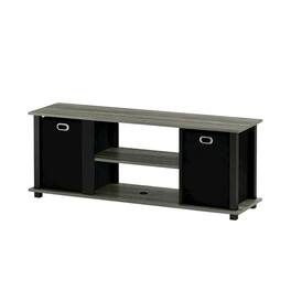 FurniFact - Wood Entertainment Center with Storage Bins in French Oak and Black Finish - French Oak Grey/Black/Black
