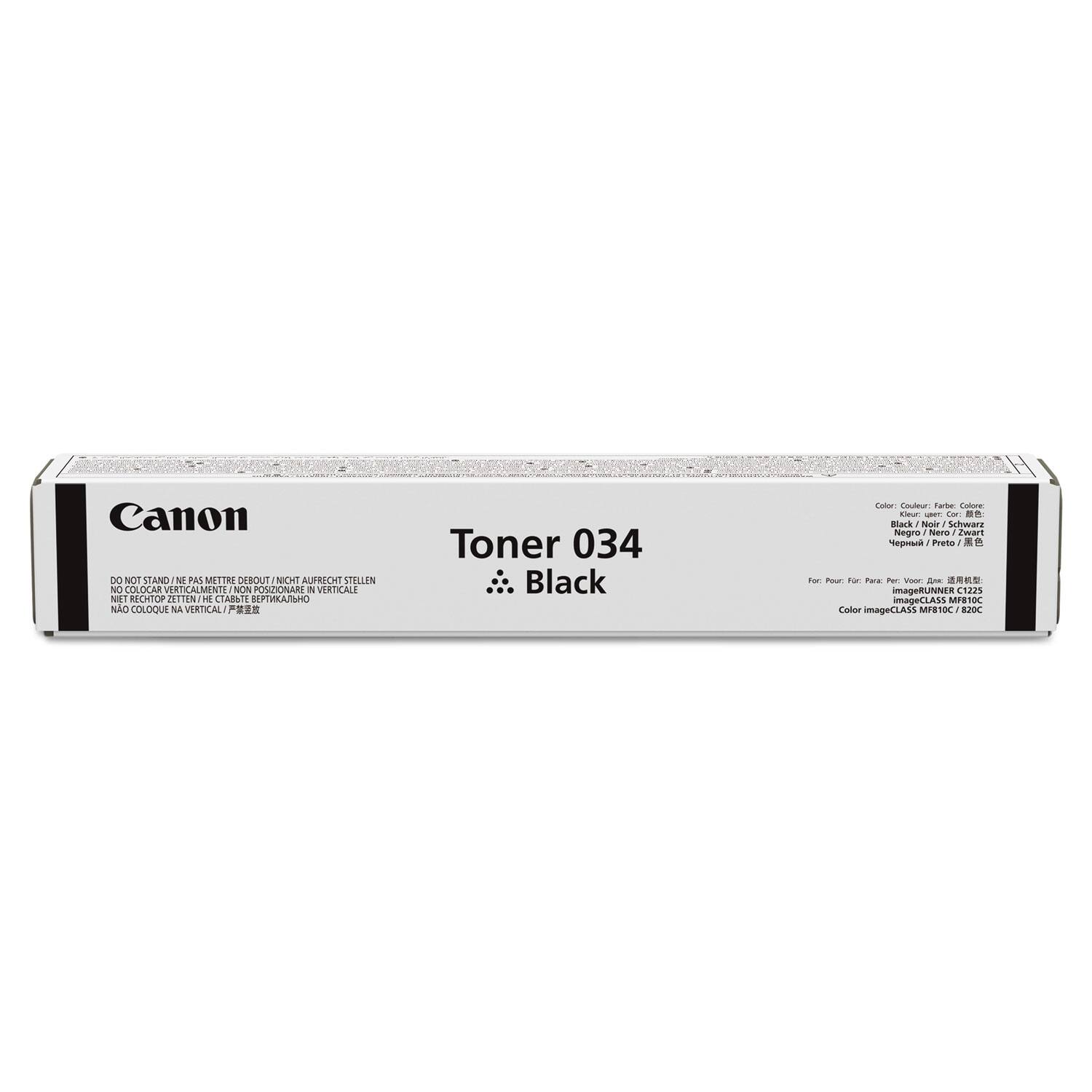 Canon  
Toner 034  
Black  

DO NOT STAND / NE PAS METTRE DEBOUT / NICHT AUFRECHT STELLEN / NO COLOCAR VERTICALMENTE / NON POSIZIONARE IN VERTICALE / NÃO COLOQUE NA VERTICAL  

For: Pour: Para: For:  
imageRUNNER C1225  
Color imageCLASS MF10C / 20C  

Color: Couleur: Farbe: Colore:  
Black / Noir / Schwarz / Negro / Nero / Zwart / Preto