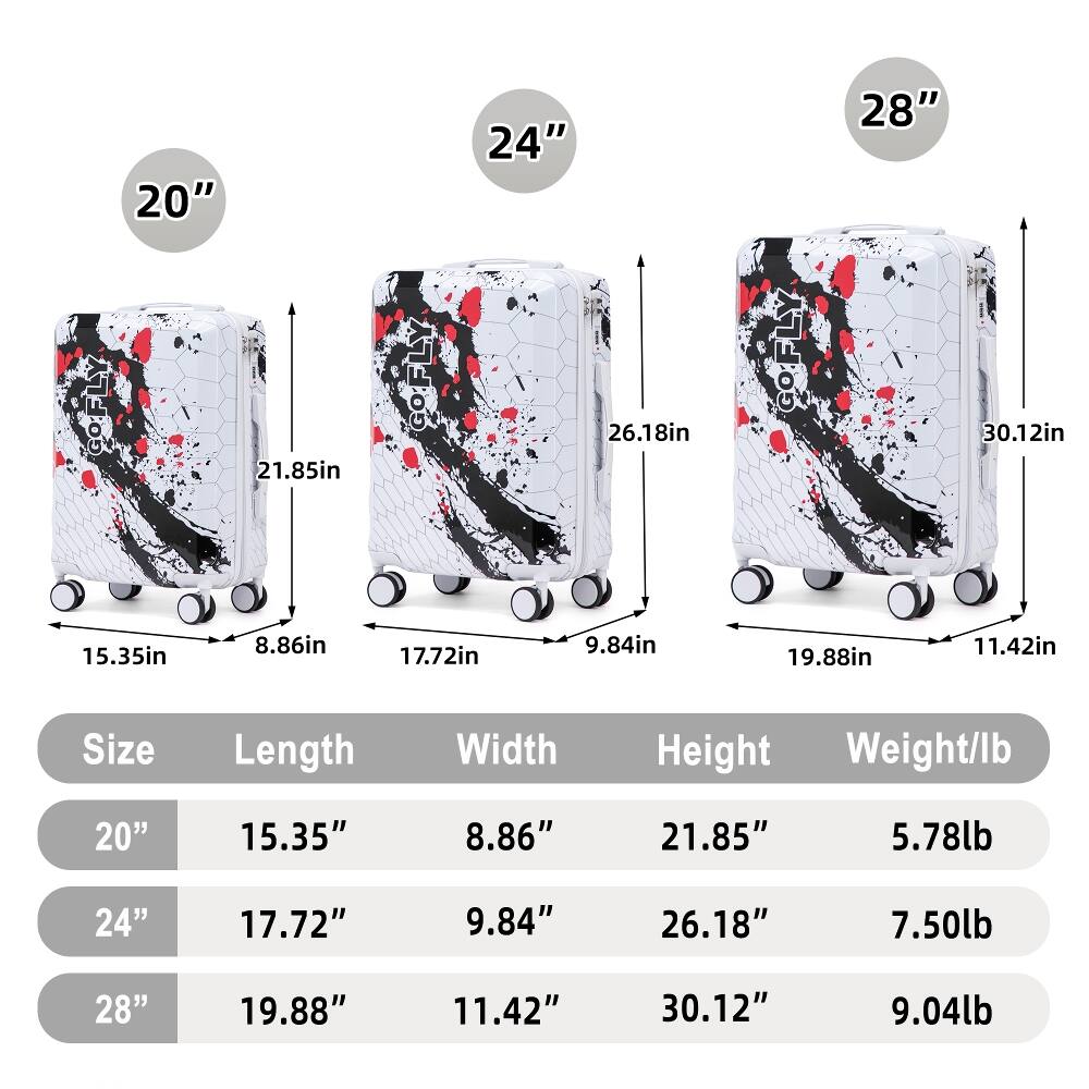 20" GO:FLY 21.85in  
COFLY  
24" 26.18in  
COFLY  
28" 30.12in  

Size | Length | Width | Height | Weight/lb  
20" | 15.35" | 8.86" | 21.85" | 5.78lb  
24" | 17.72" | 9.84" | 26.18" | 7.50lb  
28" | 19.88" | 11.42" | 30.12" | 9.04lb