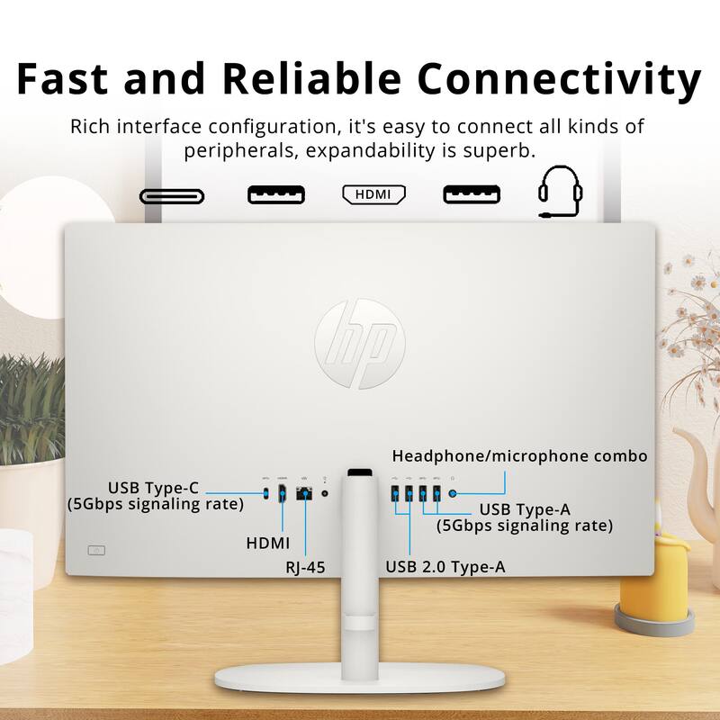 Fast and Reliable Connectivity  
Rich interface configuration, it's easy to connect all kinds of peripherals, expandability is superb.  
- HDMI  
- Headphone/microphone combo  
- USB Type-C (5Gbps signaling rate)  
- USB Type-A (5Gbps signaling rate)  
- HDMI  
- RJ-45  
- USB 2.0 Type-A