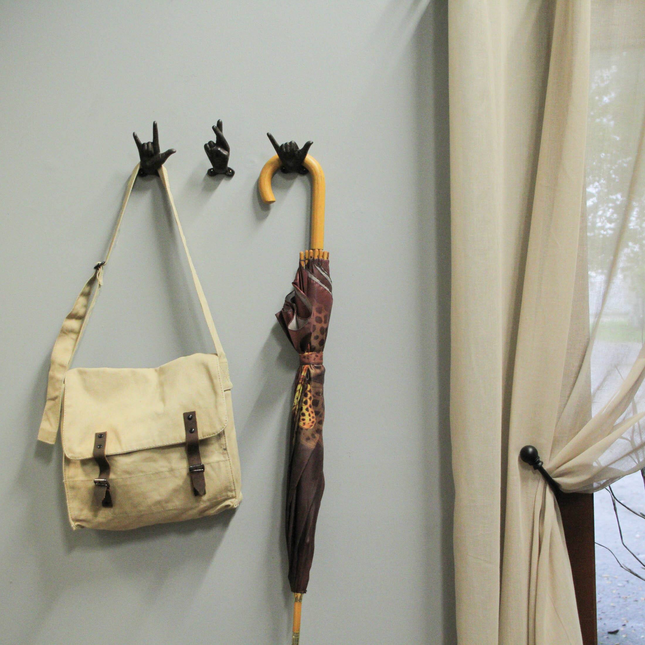 Alt View 5. Zeckos - Set of 3 Brown Cast Iron Hand Gesture Wall Hooks - Black.