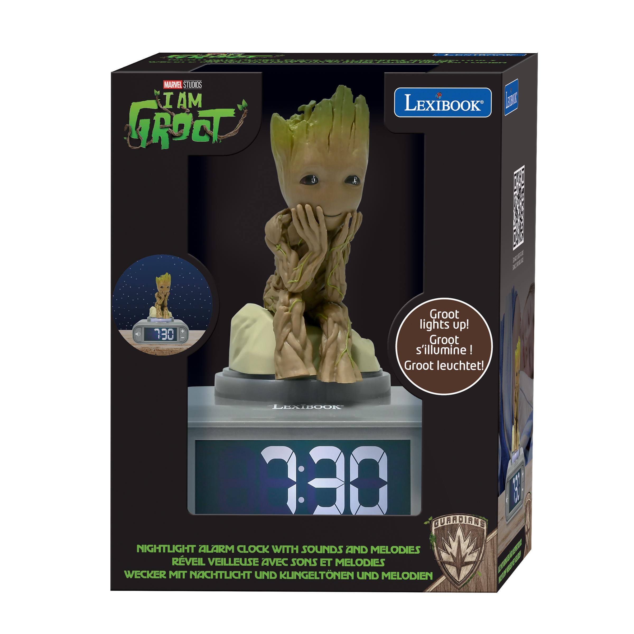 MARVEL STUDIOS  
I AM GROOT  

LEXIBOOK  

Groot lights up!  
Groot s'illumine!  
Groot leuchtet!  

7:30  

NIGHTLIGHT ALARM CLOCK WITH SOUNDS AND MELODIES  
RÉVEIL VEILLEUSE AVEC SONS ET MÉLODIES  
WECKER MIT NACHTLICHT UND KLINGELTONEN UND MELODIEN  

GUARDIANS OF THE GALAXY