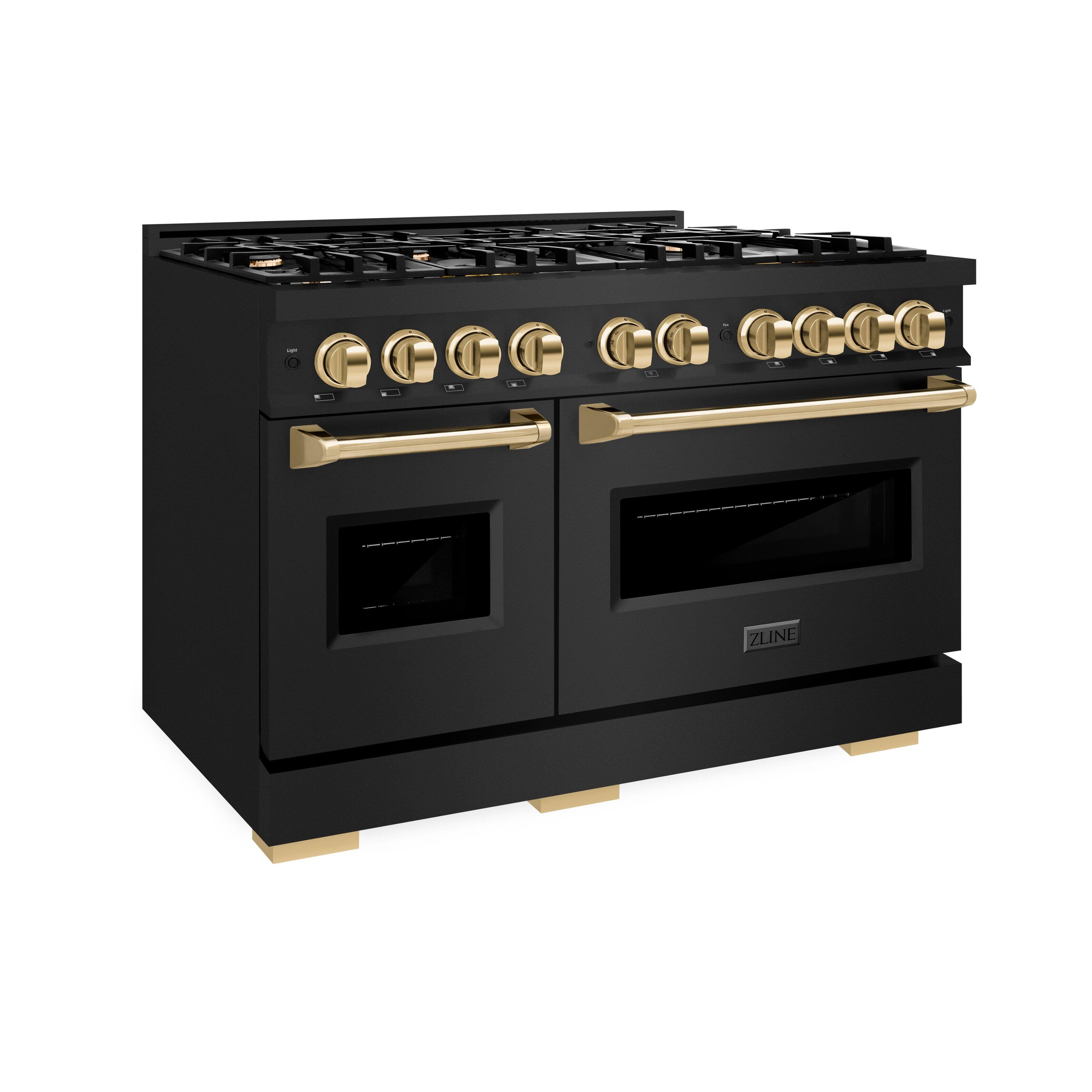 Left. ZLINE - ZLINE Autograph 48" Classic Dual Fuel Black Stainless Range w/ Gold Accents (CDRBZ-48-G) - Black Stainless Steel.