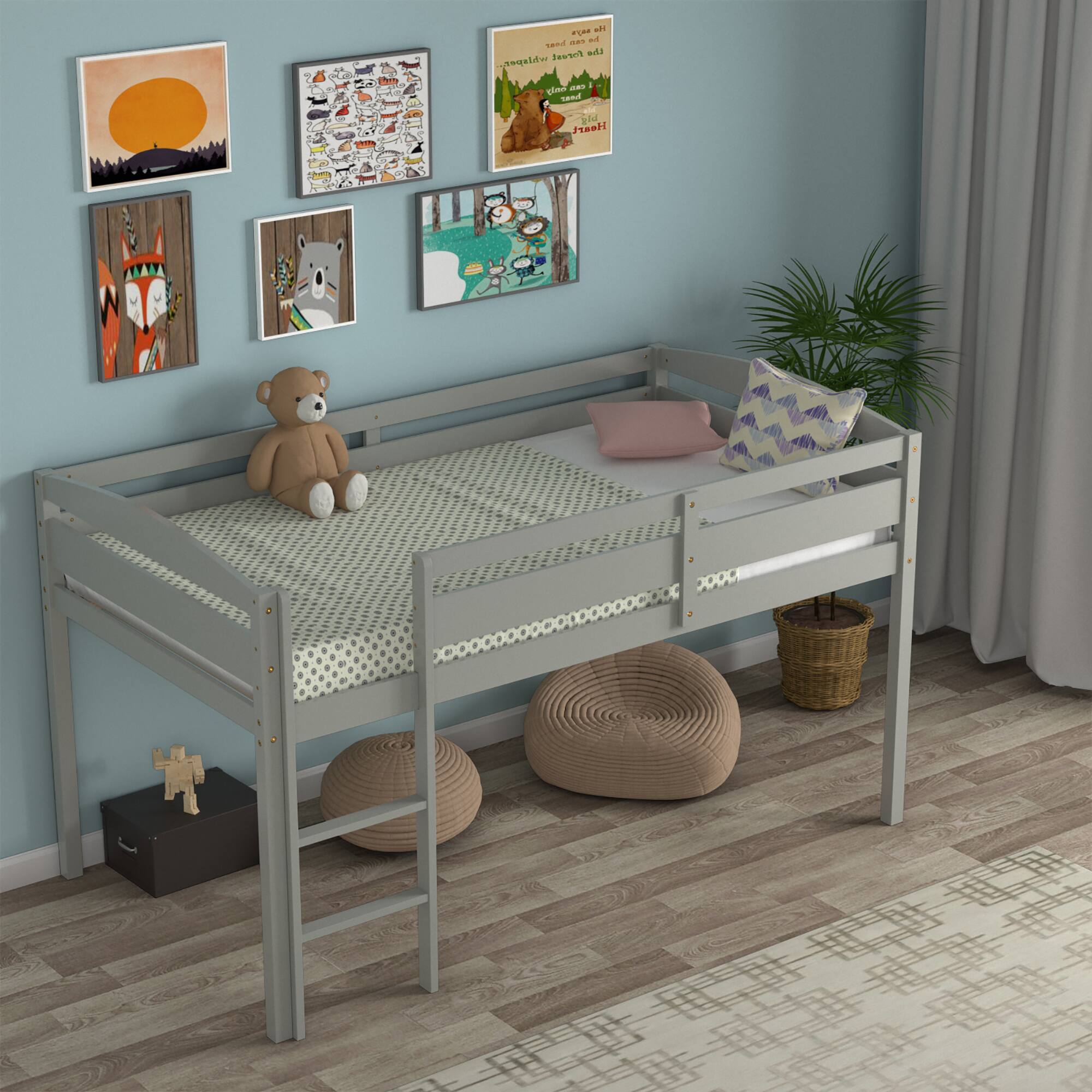 Alt View 1. Costway - Costway Twin Low Loft Bunk Junior Bed Bedroom Wooden Guard Rail Ladder - Grey.