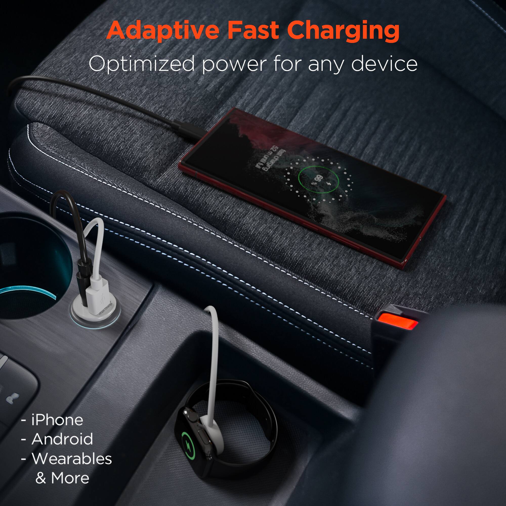 Adaptive Fast Charging  
Optimized power for any device  

- iPhone  
- Android  
- Wearables & More