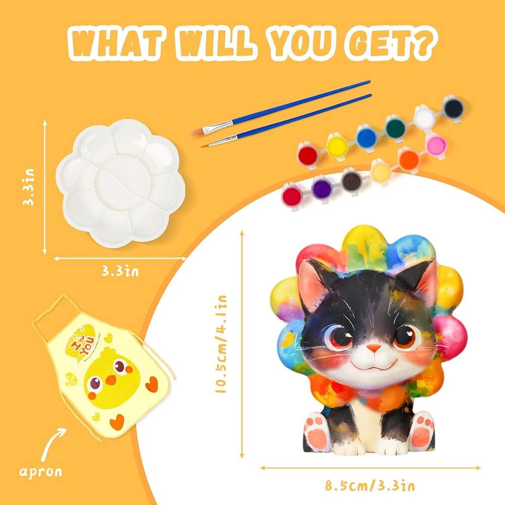 WHAT WILL YOU GET?

- 3.3in x 3.3in (8.5cm x 8.5cm) cloud-shaped palette
- 10.5cm/4.1in apron
- 8.5cm/3.3in cat-shaped painting
- Paintbrushes
- Paint tubes