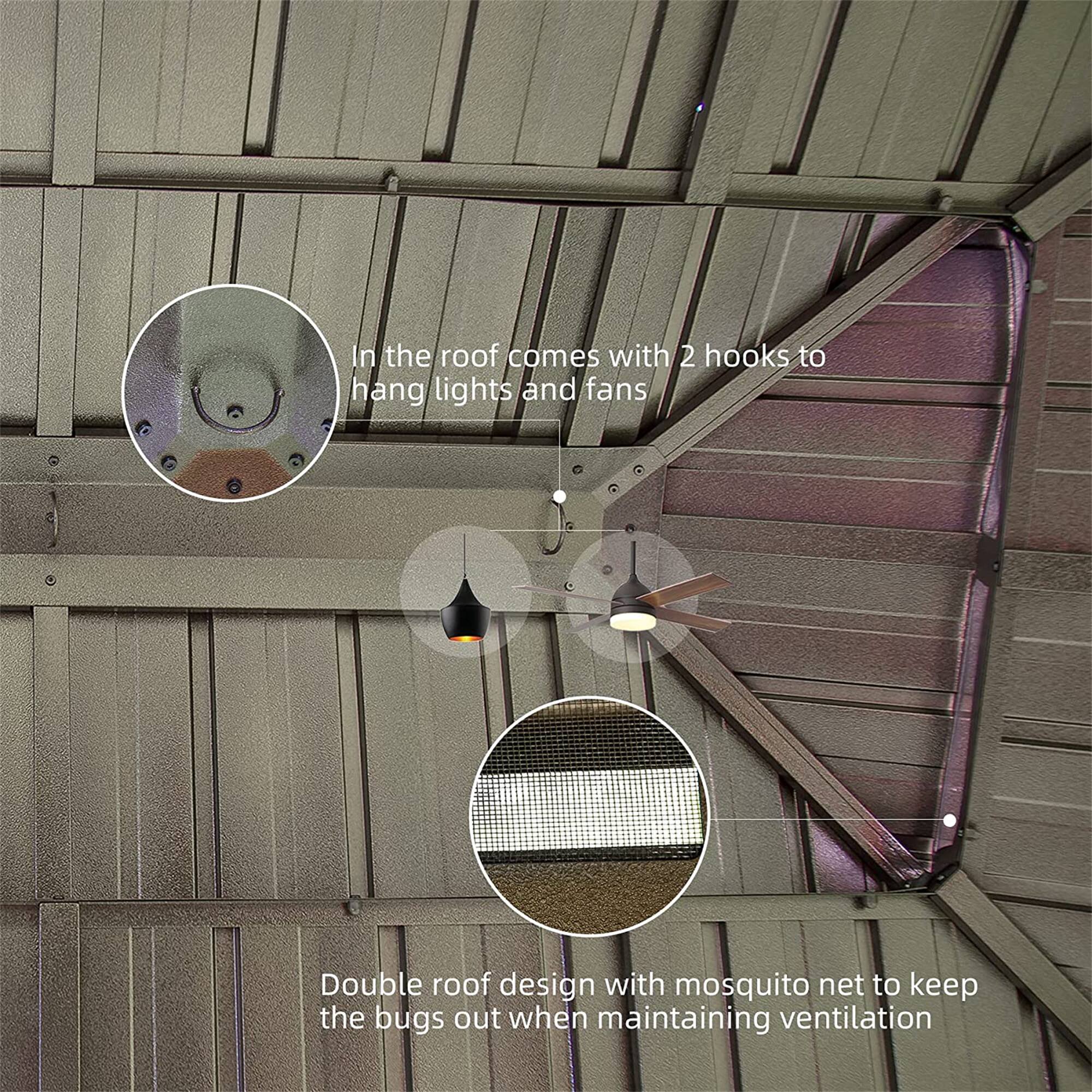 In the roof comes with 2 hooks to hang lights and fans.  
Double roof design with mosquito net to keep the bugs out when maintaining ventilation.