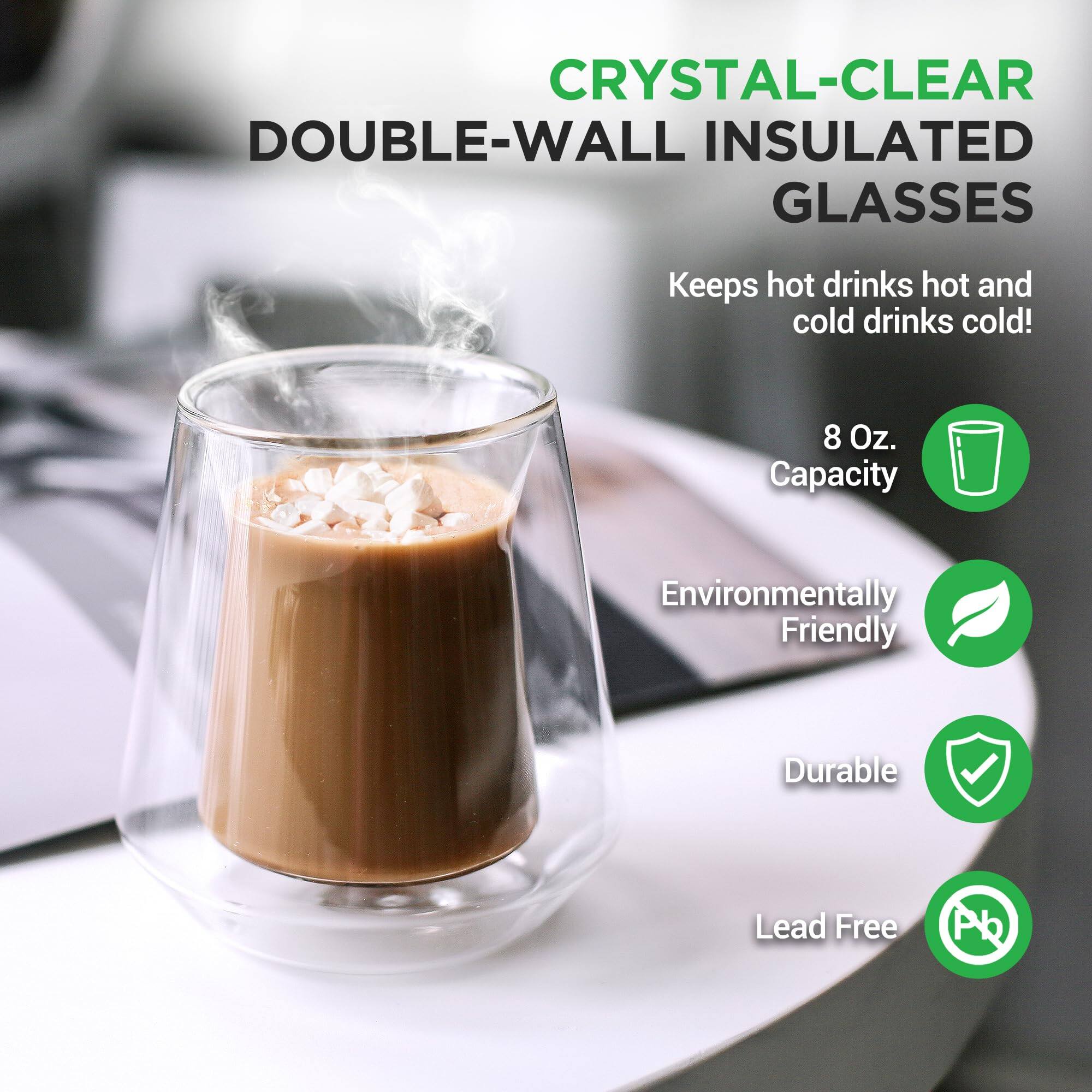 CRYSTAL-CLEAR DOUBLE-WALL INSULATED GLASSES  
Keeps hot drinks hot and cold drinks cold!  
8 Oz. Capacity  
Environmentally Friendly  
Durable  
Lead Free Pb