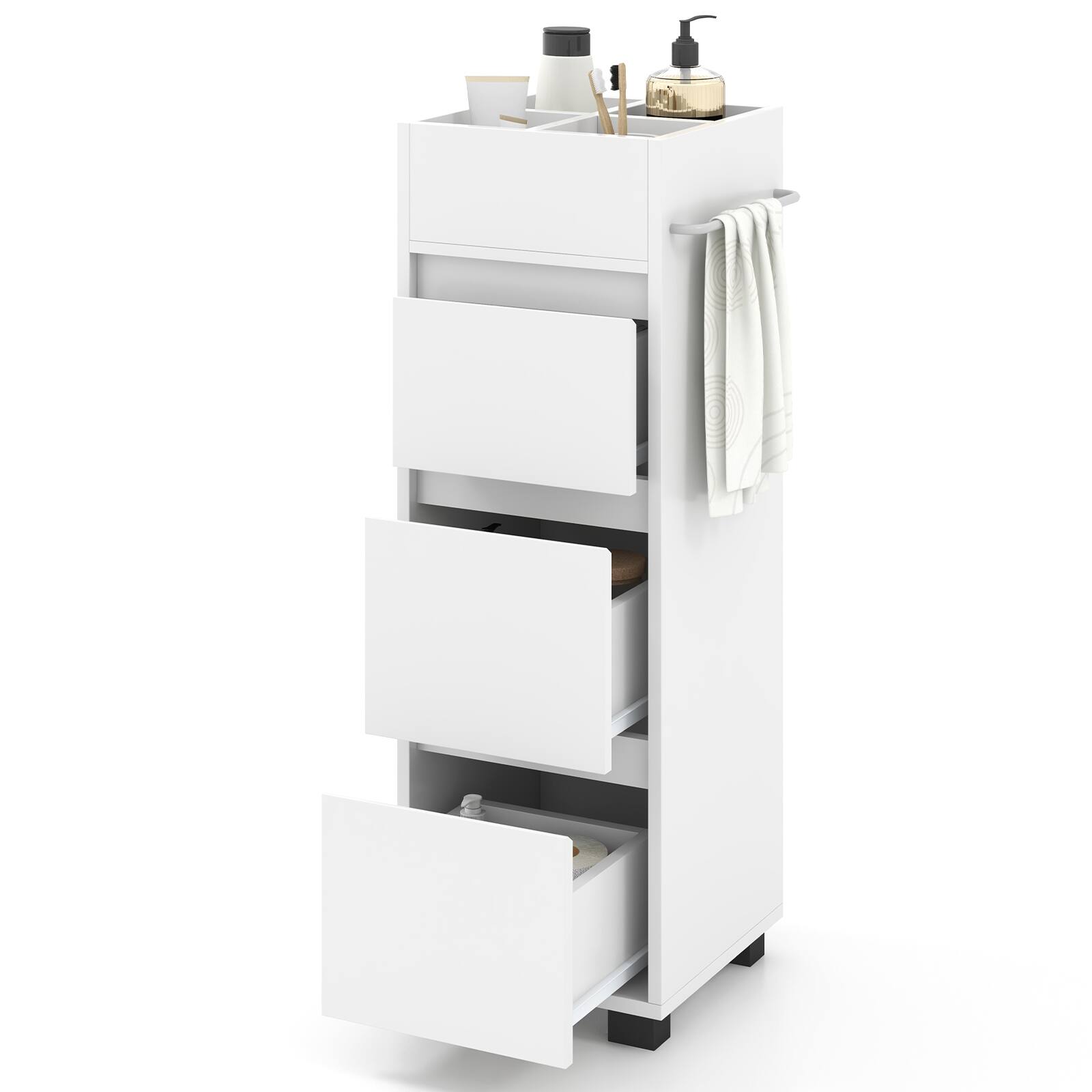 Front. Ecooso - Freestanding Bathroom Floor Cabinet with 3 Drawers, Dividers, and Towel Rack - White.
