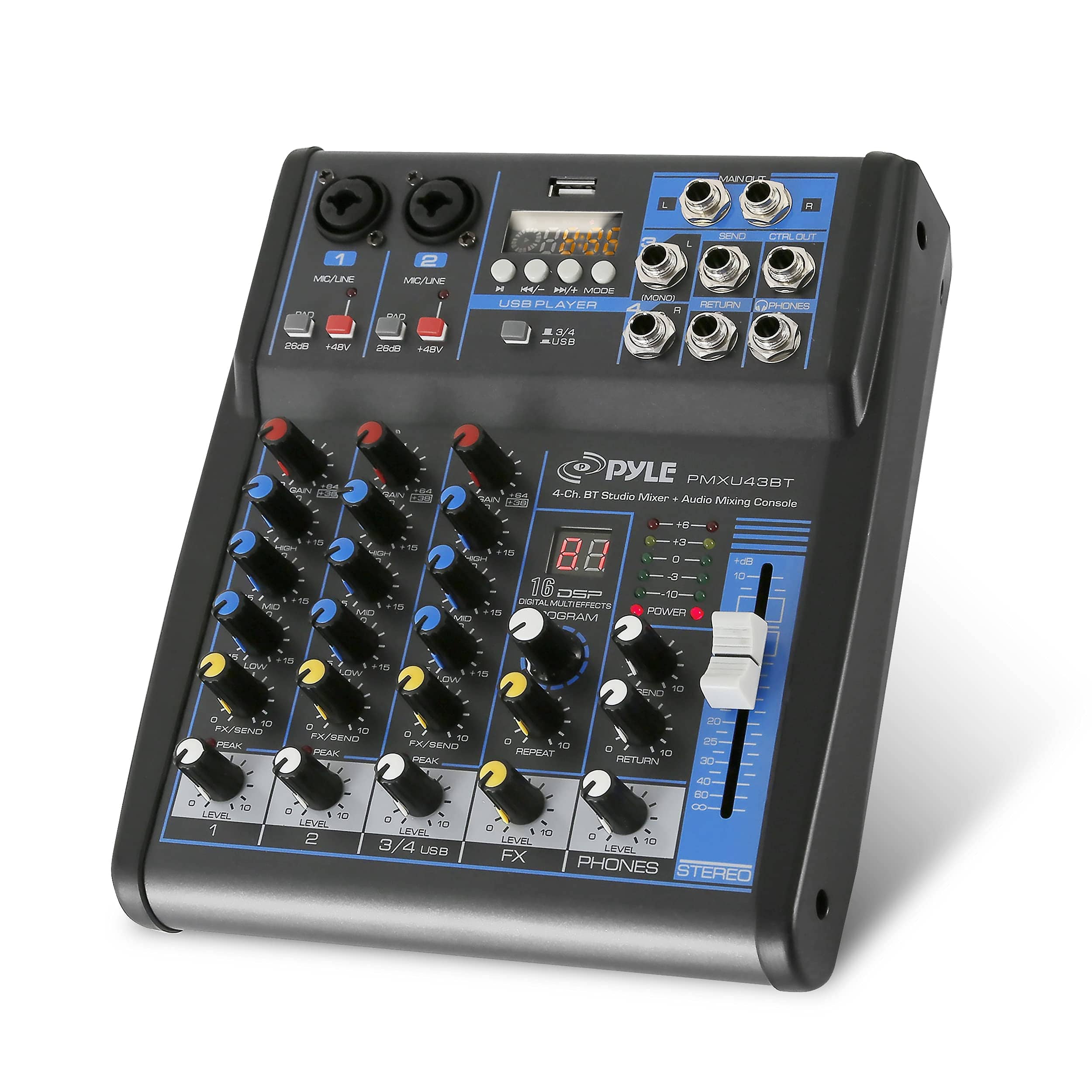 Pyle - Professional Audio Mixer Sound Board Console System Interface 4 Channel Digital USB Bluetooth MP3 Computer Input - Black