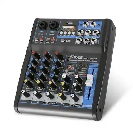 PYLE PMXU43BT
4-Ch BT Studio Mixer + Audio Mixing Console
- MIC/LINE 1
- MIC/LINE 2
- USB PAD
- USB
- MIX/MODE
- LAYER
- DSP MULTIEFFECTS
- POWER
- RETURN
- PHONES
- STEREO
- GAIN
- HIGH
- MID
- LOW
- FX/BEND
- FX/SEND
- PEAK
- LEVEL
- FX
- PHONES
- STEREO
- 1
- 2
- 3/4 USB
- FX
- PHONES
- STEREO
- DSP
- MULTIEFFECTS
- POWER
- RETURN
- PHONES
- STEREO