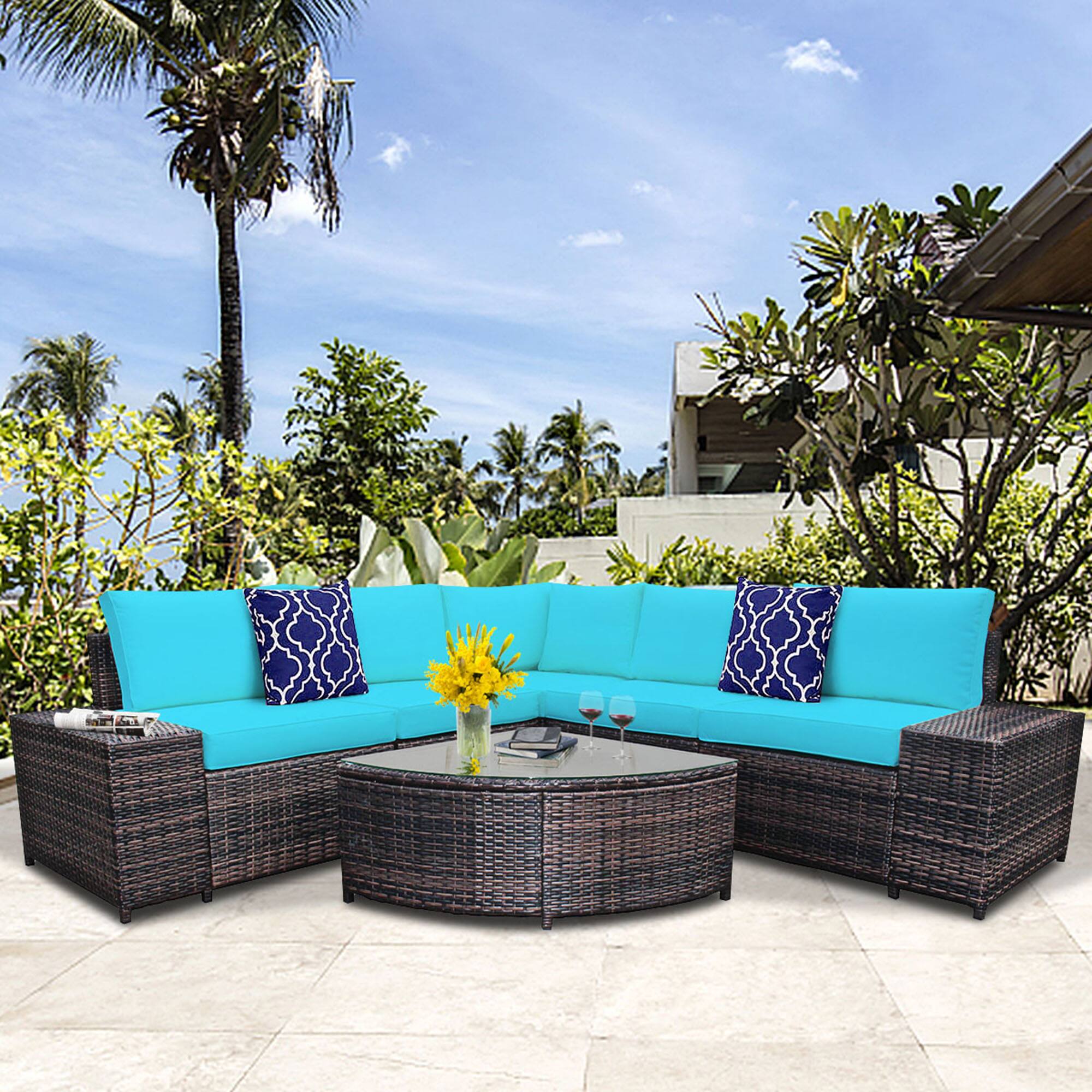 Alt View 4. Gymax - Gymax 6PCS Wicker Furniture Sectional Sofa Set w/ Cushions Turquoise - Turquoise.
