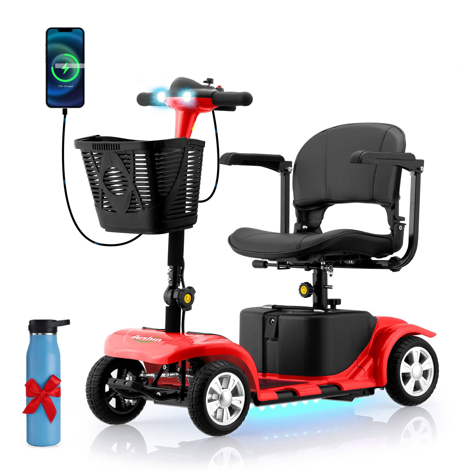 Front. Hover Heart - Electric Mobility Scooter for Adults & Seniors, Lightweight 4 Wheel Travel Scooter with Seat and Basket - Red.