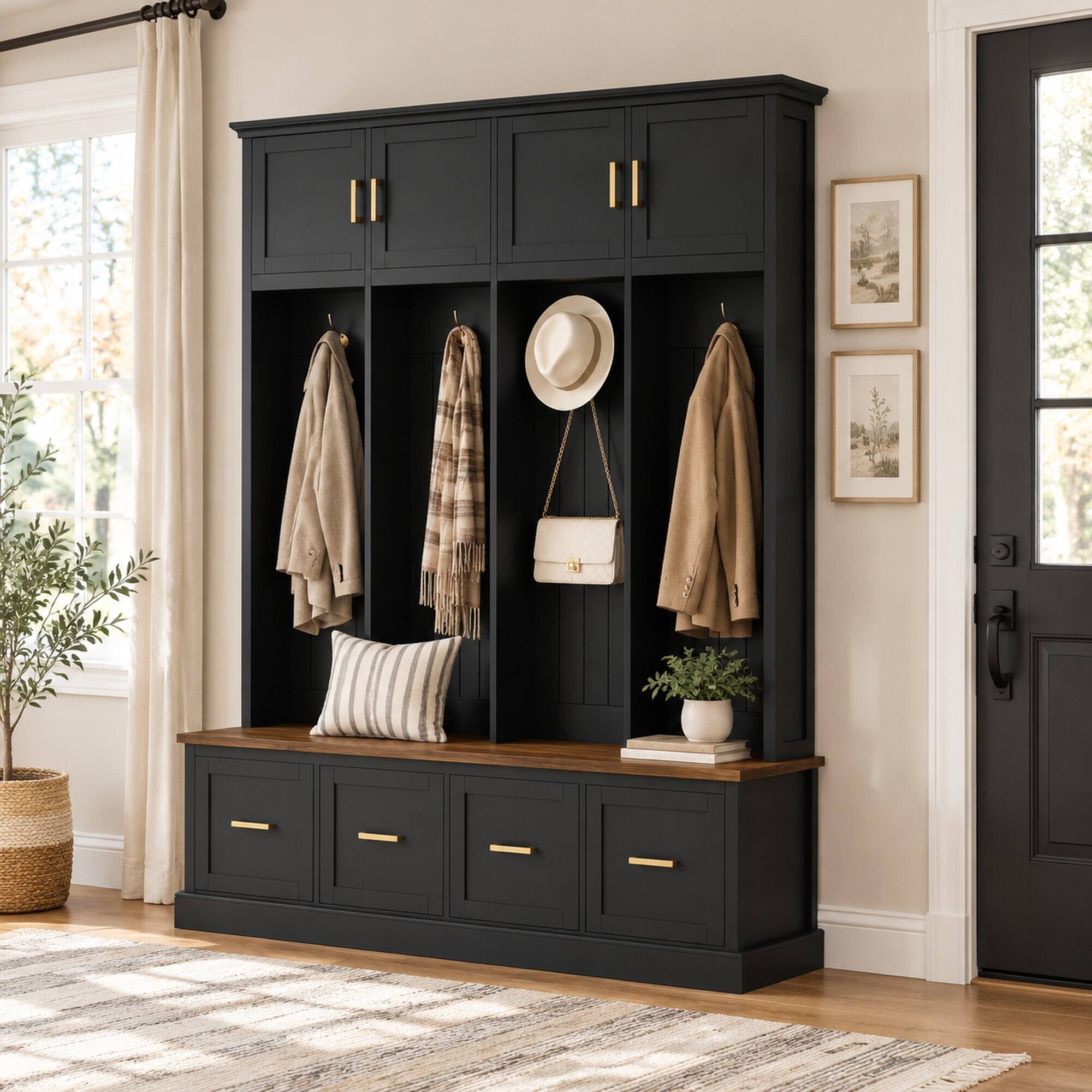Angle. RYHNUYNE - U-Can Farmhouse Hall Tree, 59 in Wide, MDF, White Finish, Gold Hardware, Hooks and Cabinets, Entryway Storage - Antique Black.