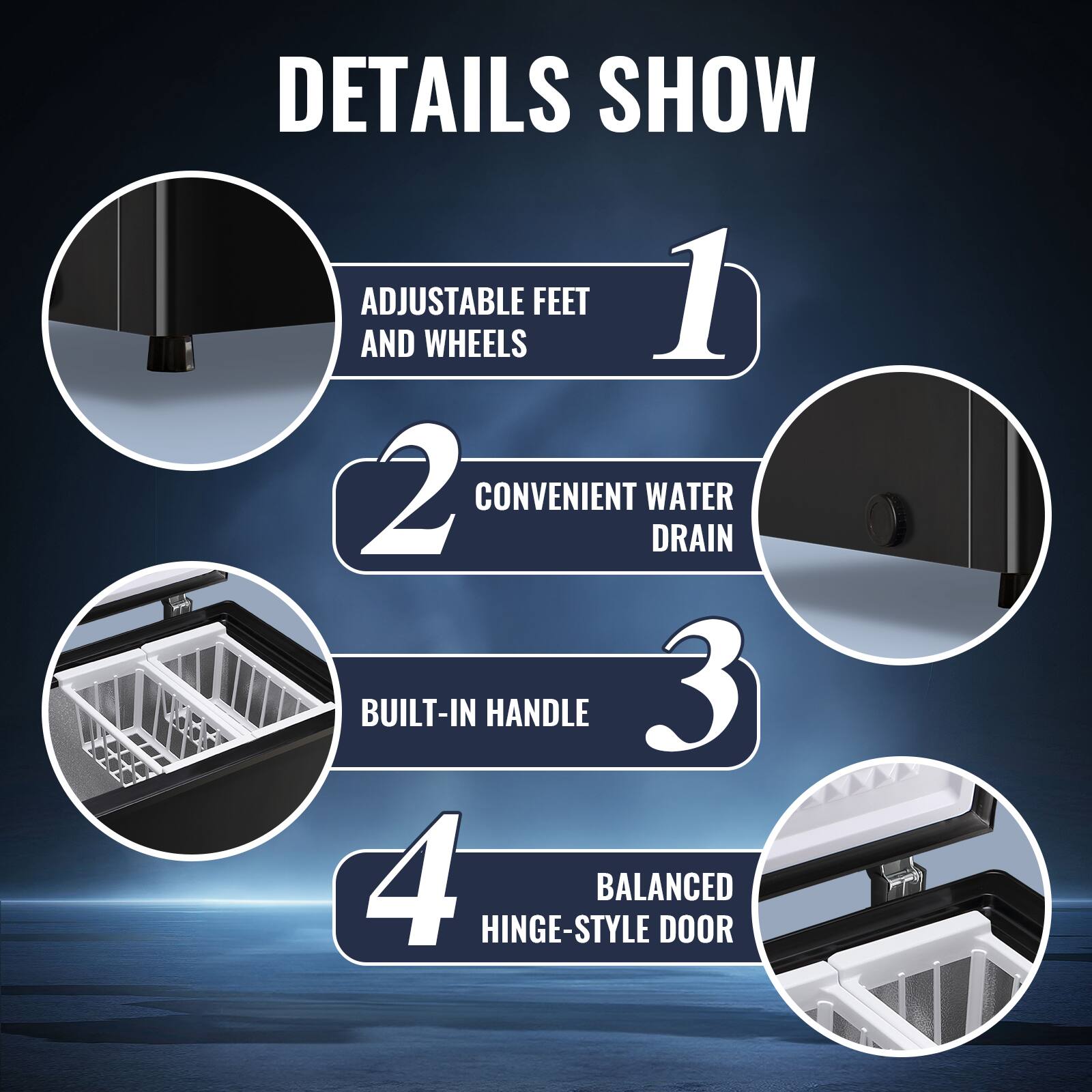 DETAILS SHOW

1. ADJUSTABLE FEET AND WHEELS
2. CONVENIENT WATER DRAIN
3. BUILT-IN HANDLE
4. BALANCED HINGE-STYLE DOOR