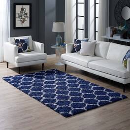 Modway - Solvea Moroccan Trellis Shag Area Rug - Navy and Ivory