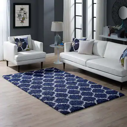 Front. Modway - Solvea Moroccan Trellis Shag Area Rug - Navy and Ivory.