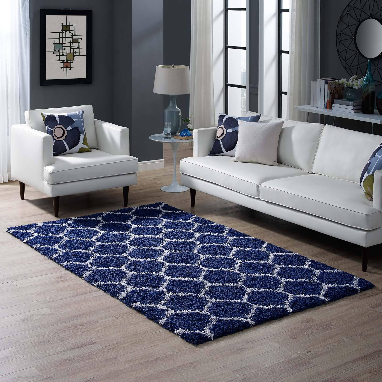 Front. Modway - Solvea Moroccan Trellis Shag Area Rug - Navy and Ivory.