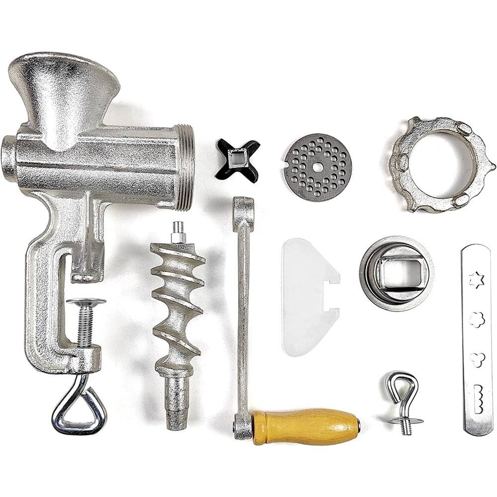 Angle. MOSZAR LLC - Cast Iron Meat Grinder – Tabletop Clamp with Hardened Steel Cutter - silver.