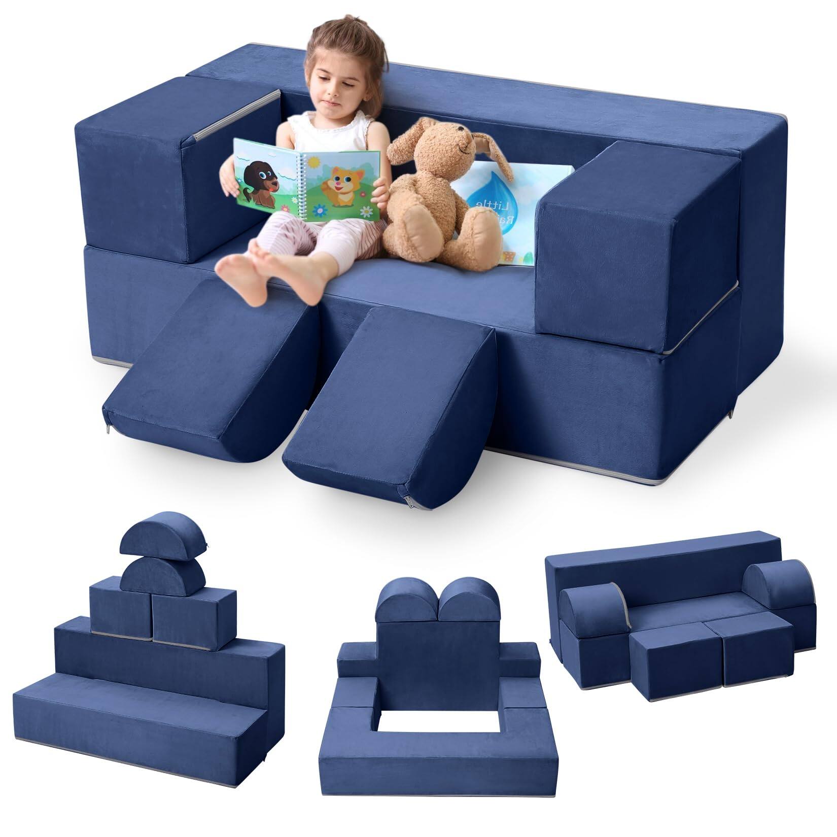 Jojoka - 6-Piece Modular Kids Play Couch, Convertible Toddler Foam Sofa with Removable Cover - Blue