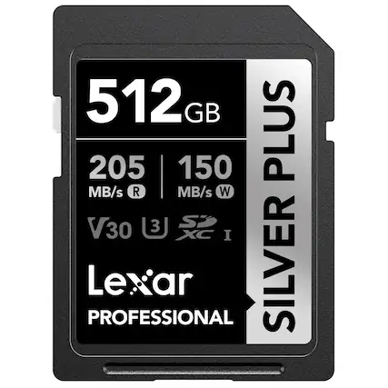 512 GB
205 MB/s R
150 MB/s W
V30
3 Sp
XC I
PROFESSIONAL
Lexar SILVER PLUS