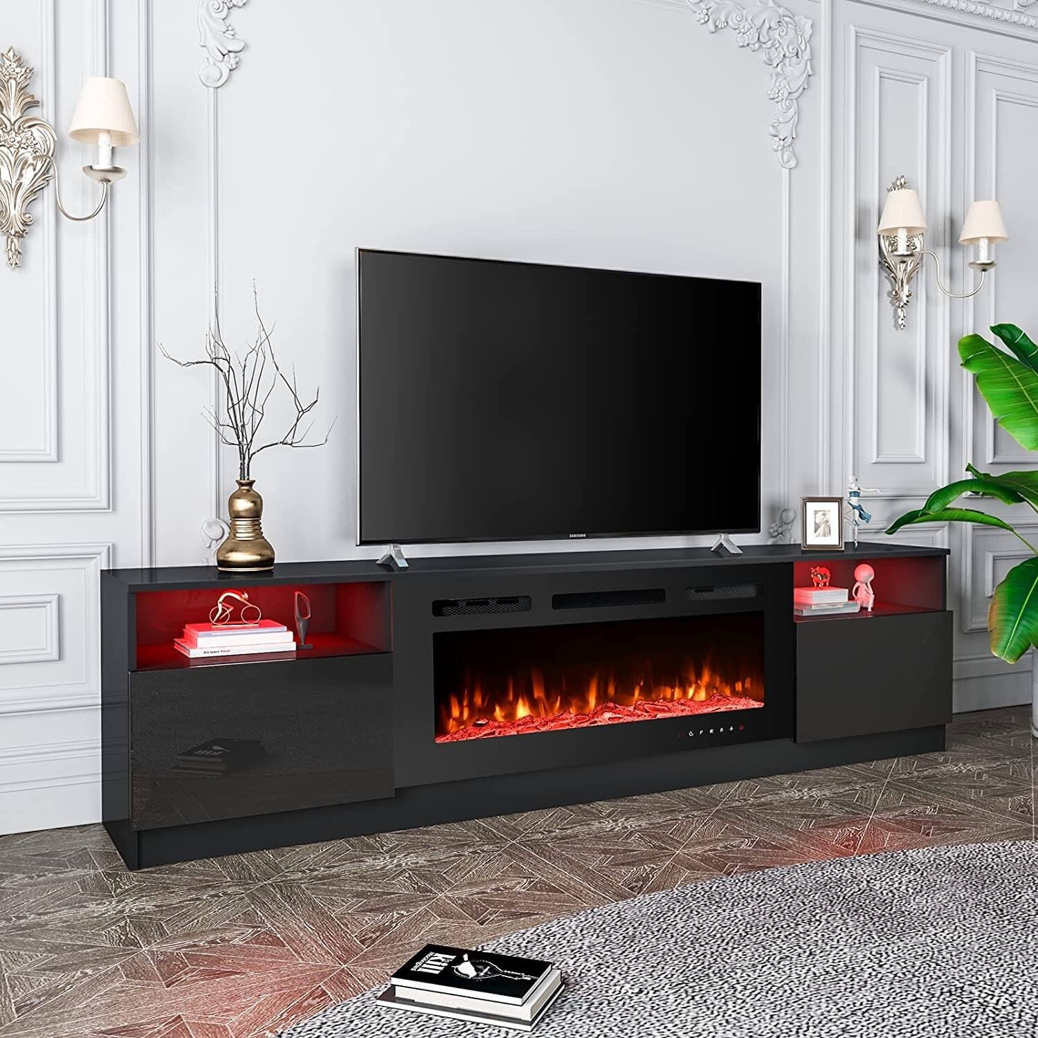 Alt View 5. U-HOMY - 36'' Electric Fireplace TV Stand, Modern Entertainment Center with Storage & LED Lights for TVs up to 80'' - Black.