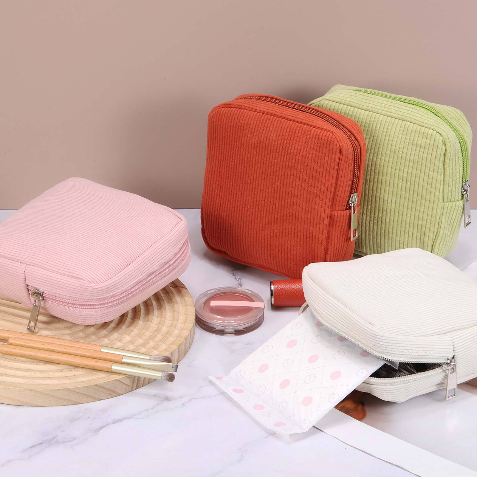 Alt View 3. Unique Bargains - Portable Corduroy Period Bag for Women, Cute Zippered Pouch for Sanitary Towel Storage Travel - Brown.