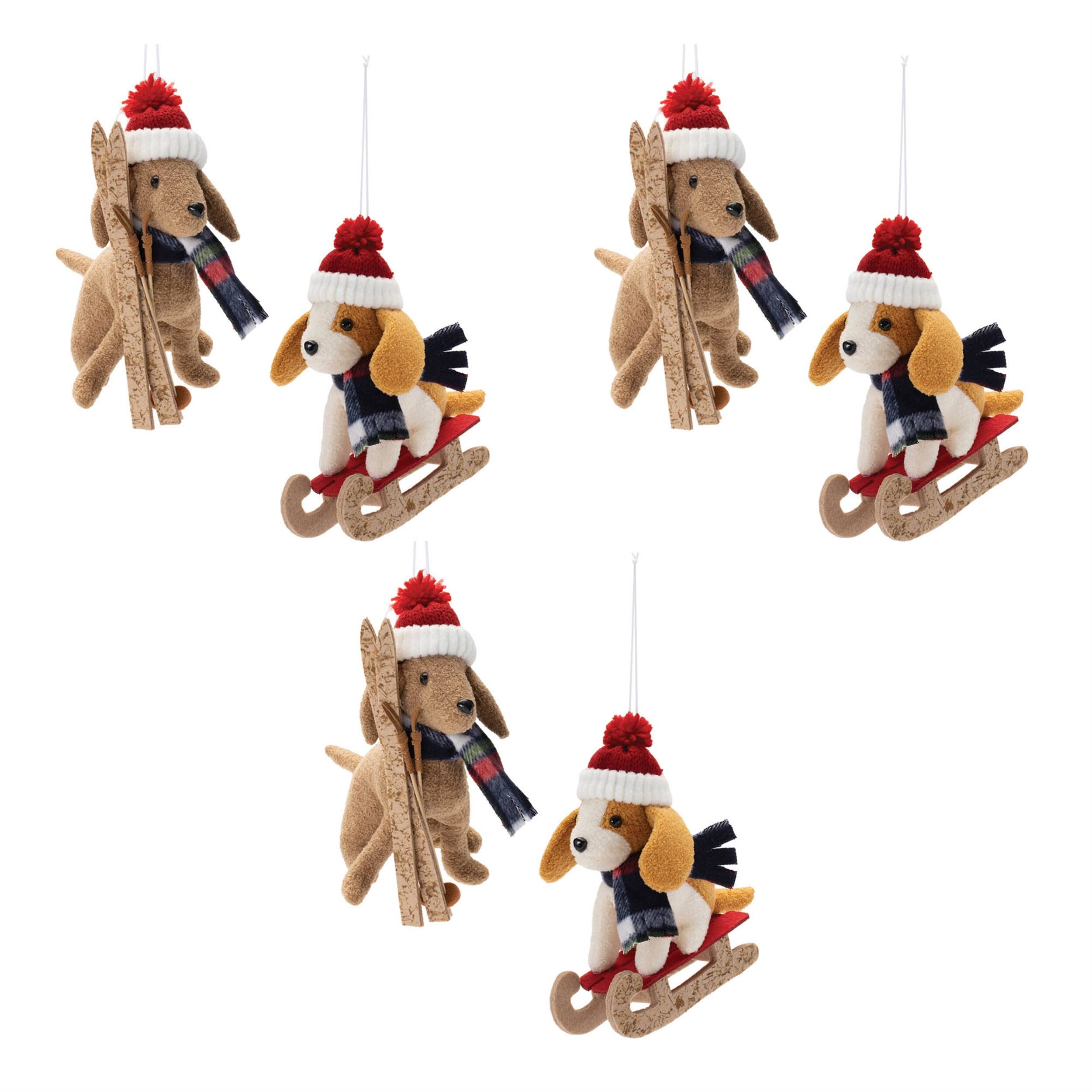 Alt View 4. BreeBe - Plush Ski and Sled Dog Ornament (Set of 6) - Red, White, Biege.