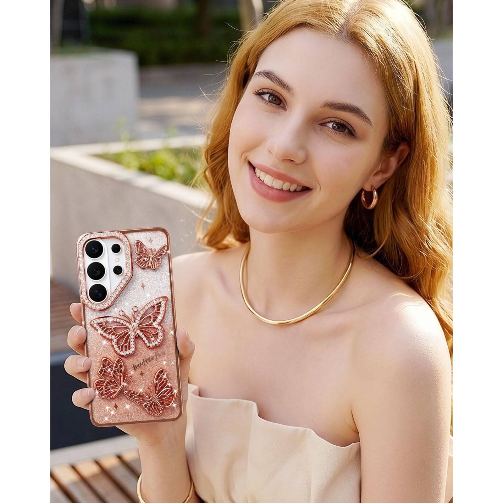 Alt View 3. UUCOVER - Slim Clear Case for Samsung Galaxy S26 Ultra, 3D Bling Rhinestone Butterfly Glitter Paper Electroplated TPU Bumper Cover - Pink.
