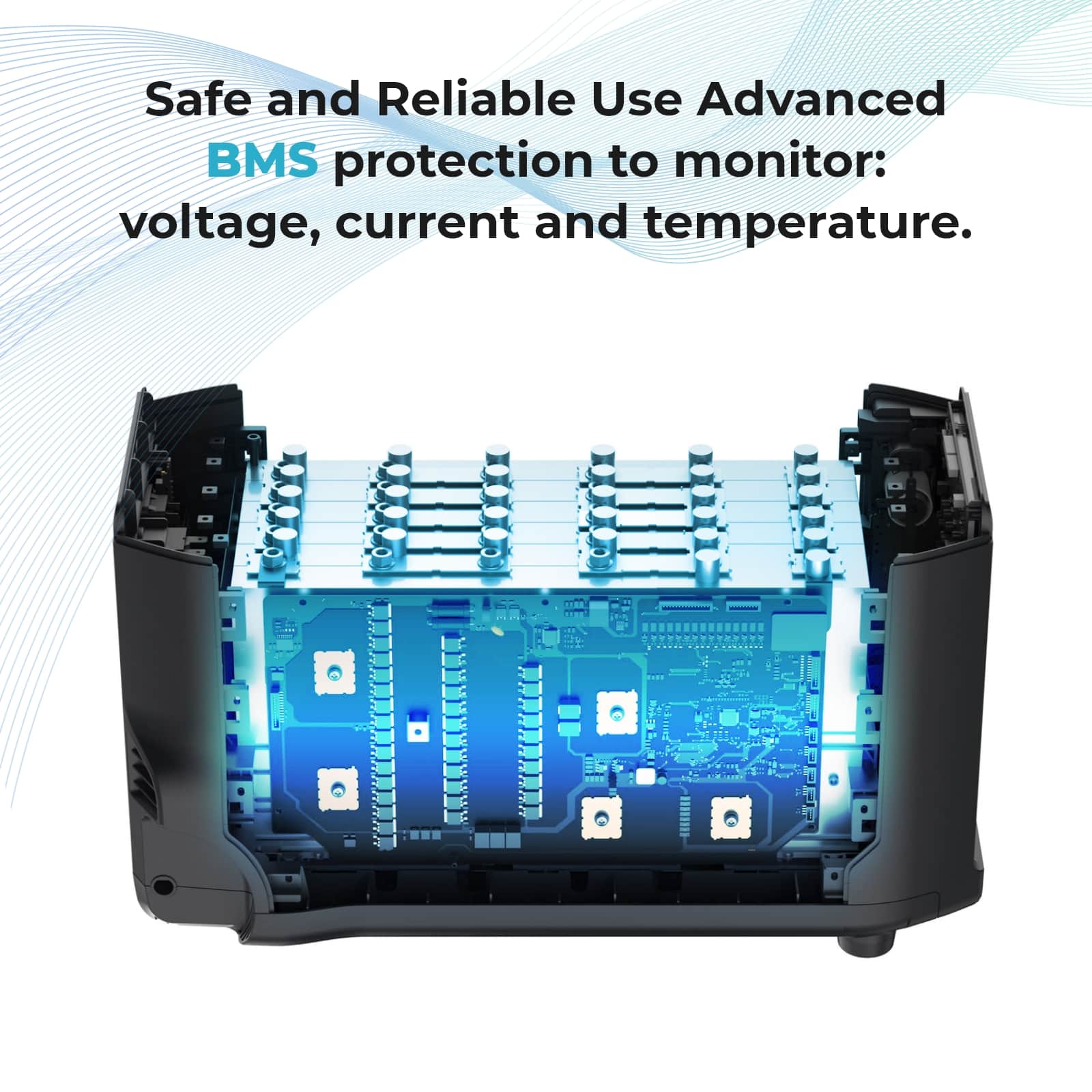 Safe and Reliable Use Advanced BMS protection to monitor: voltage, current, and temperature.