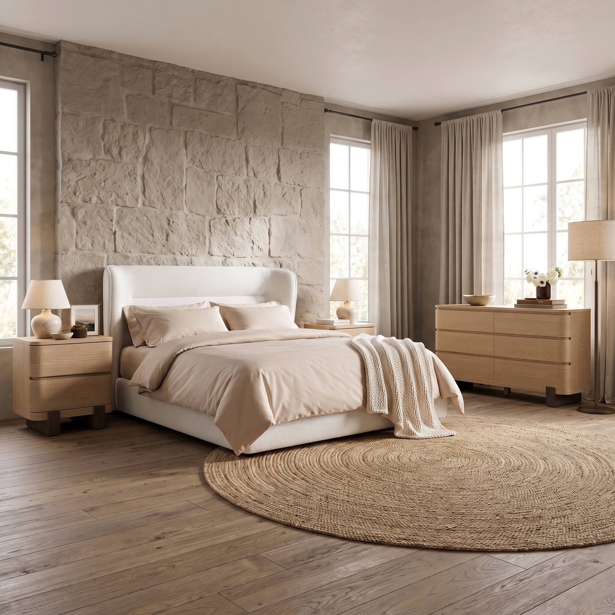 ModernMate - 4-Piece Modern Bedroom Set, Queen Upholstered Platform Bed, 6 Drawers Dresser and 2 Nightstands - Beige and Natural Wood