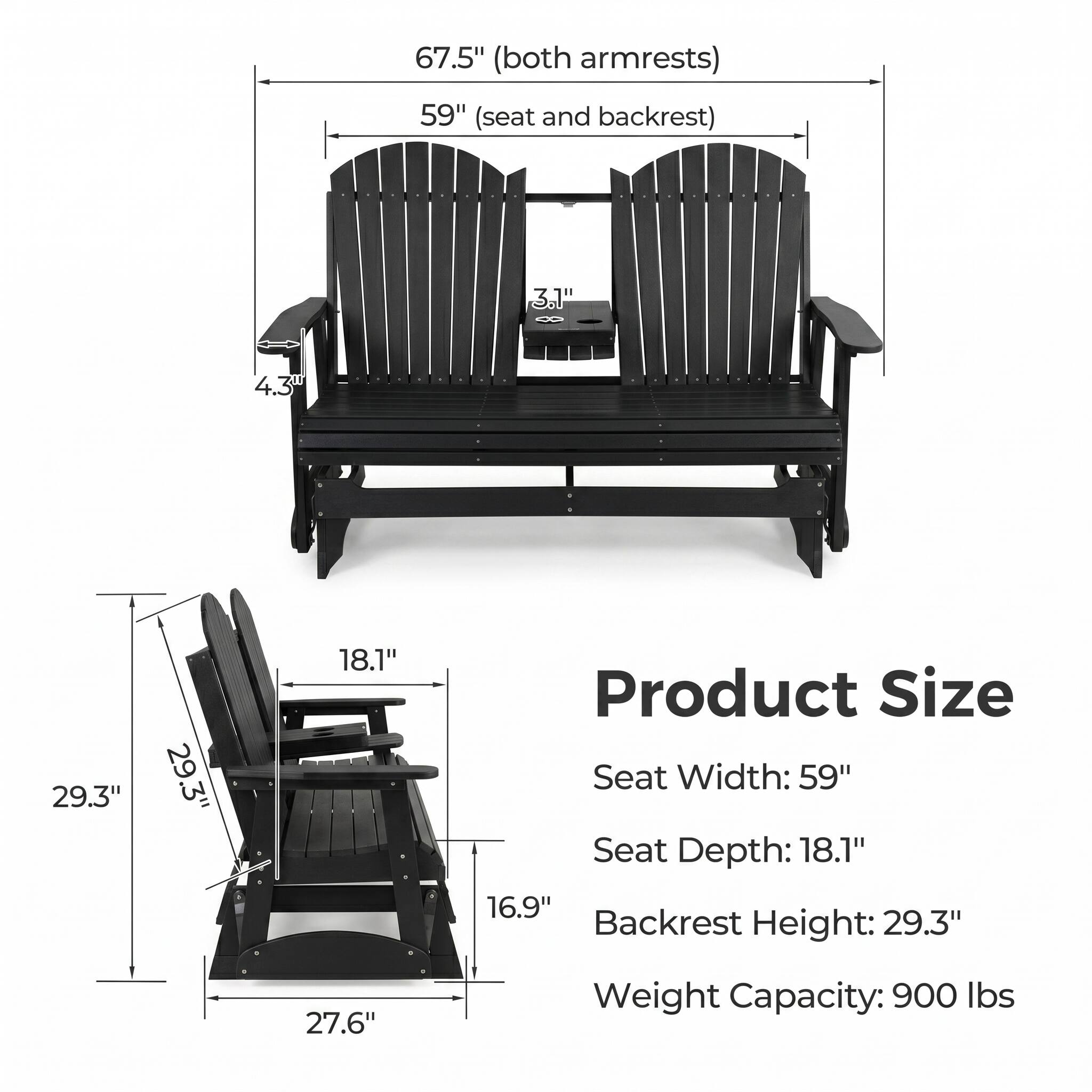 67.5" (both armrests)  
59" (seat and backrest)  
3.1"  
4.3"  
29.3"  
29.3"  
18.1"  

Product Size  
Seat Width: 59"  
Seat Depth: 18.1"  
Backrest Height: 29.3"  
Weight Capacity: 900 lbs