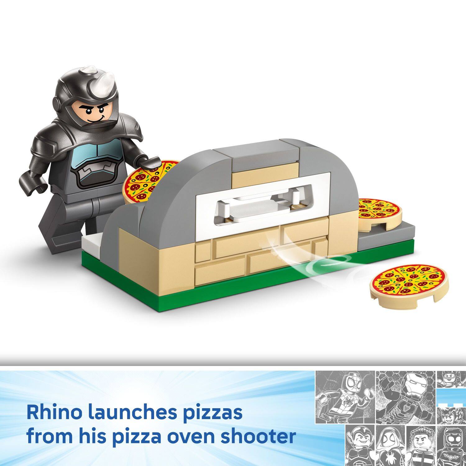 Rhino launches pizzas from his pizza oven shooter