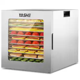 YASHE - 10-Tray Stainless Steel Food Dehydrator, 10 Presets, 48H Timer, 850W forMeat, Fruits, Dog Treats, Recipes Included - Silver