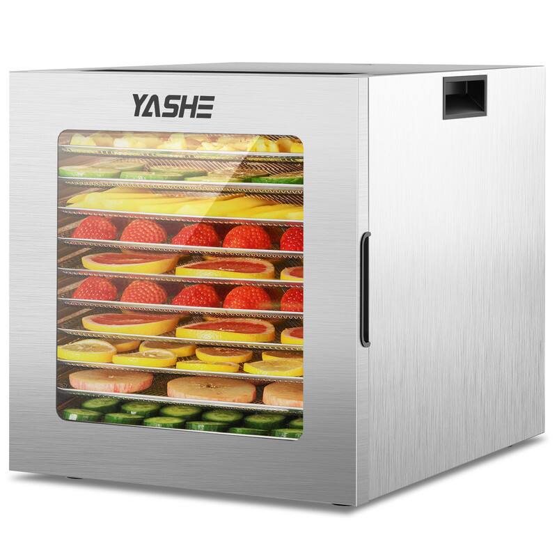 Front. YASHE - 10-Tray Stainless Steel Food Dehydrator, 10 Presets, 48H Timer, 850W forMeat, Fruits, Dog Treats, Recipes Included - Sliver.