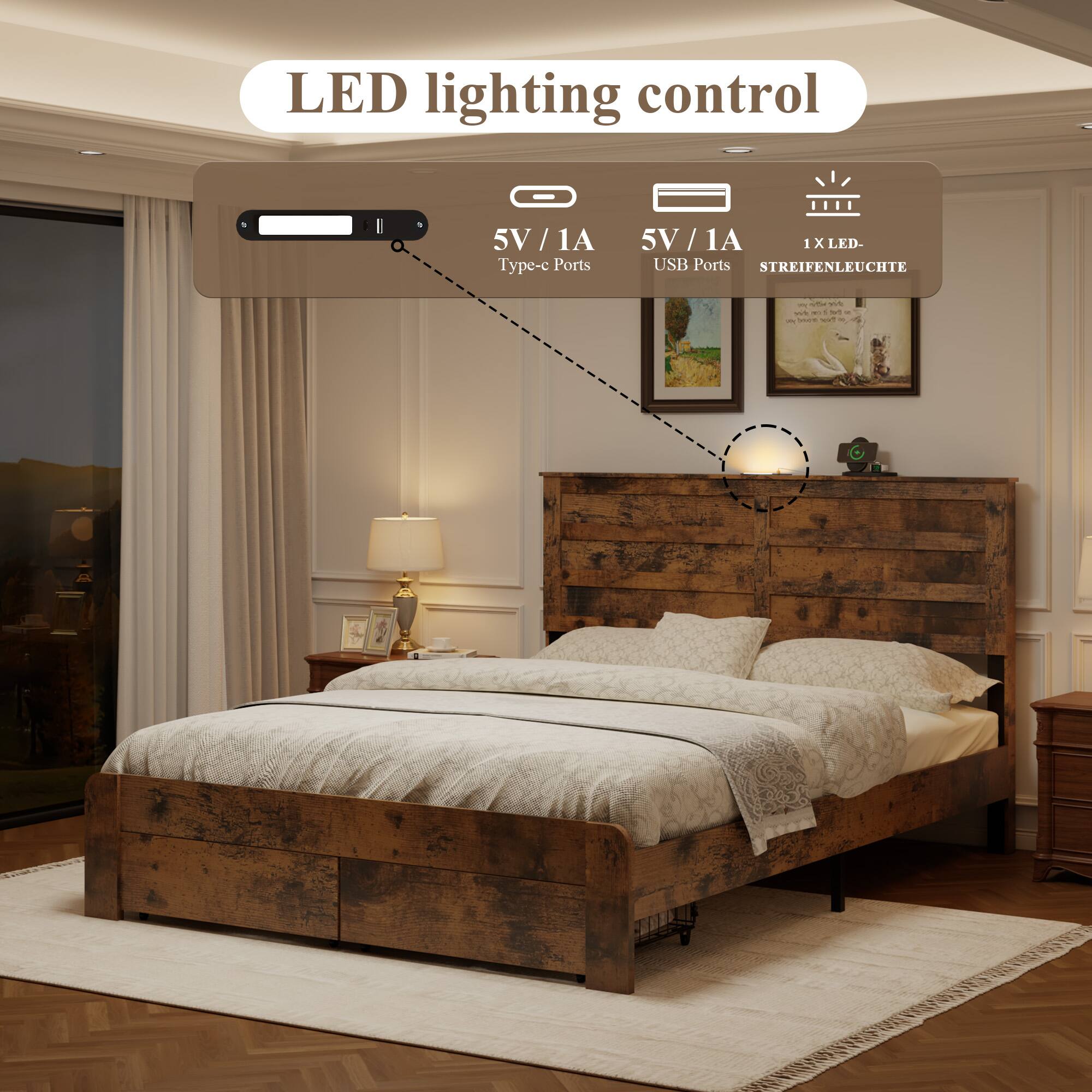 LED lighting control  
5V/1A Type-c Ports  
5V/1A USB Ports  
1 x LED-STREIFENLEUCHTE