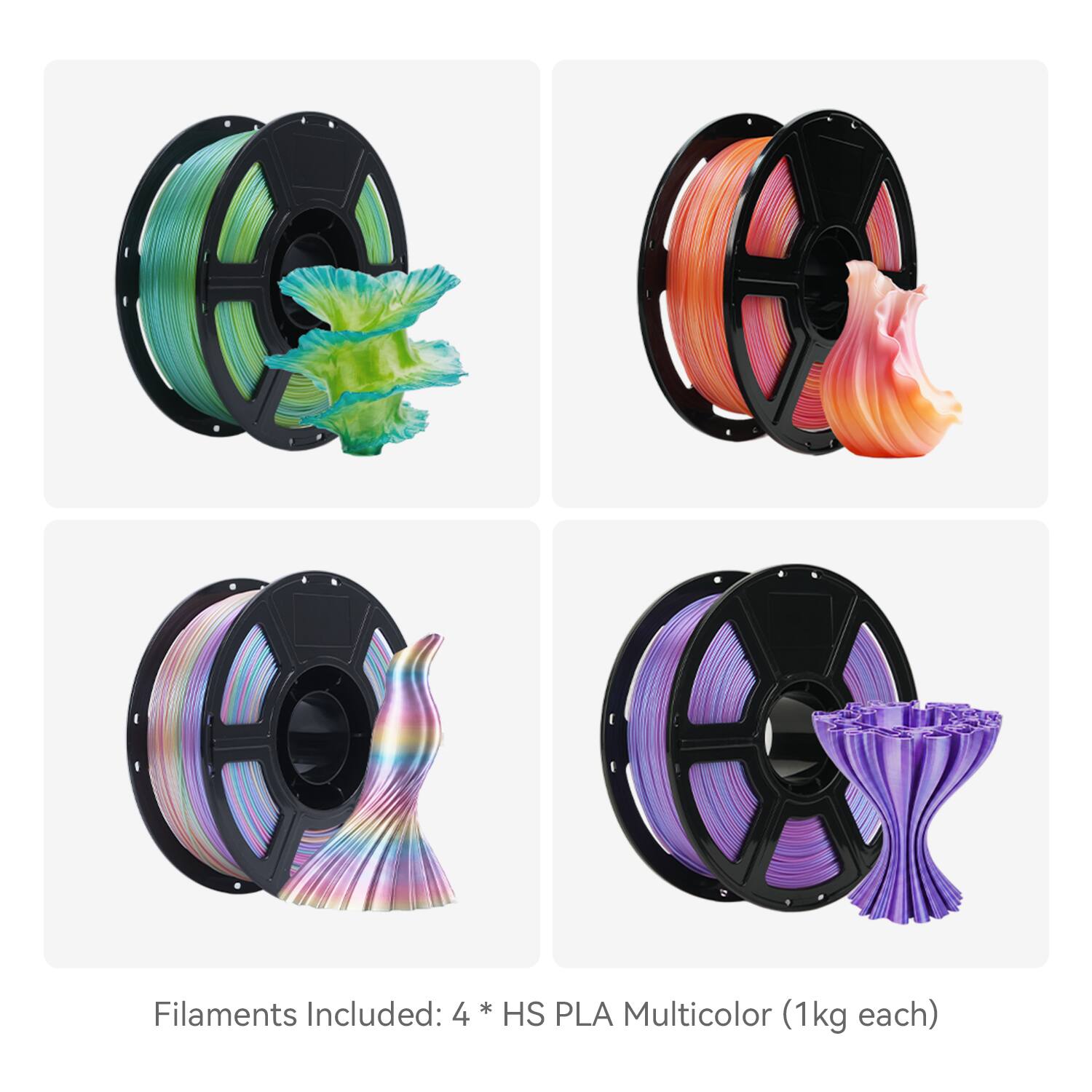 Filaments Included: 4 * HS PLA Multicolor (1kg each)