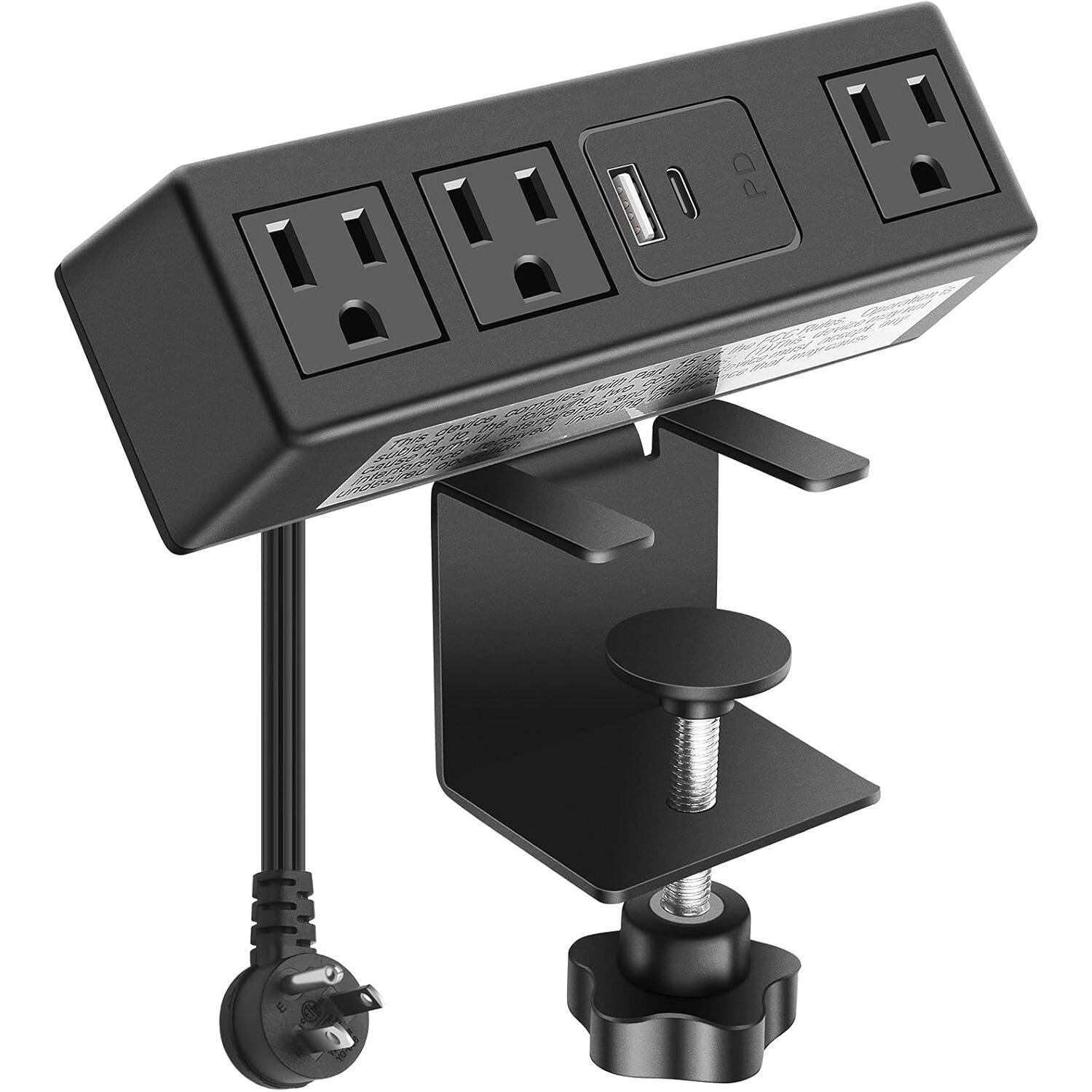 PARKER SLATER - Desk clamp power strip with PD 3.0 USB-C fast charging, wide outlets, 10 ft flat plug, fits 1.6" tabletop - Black