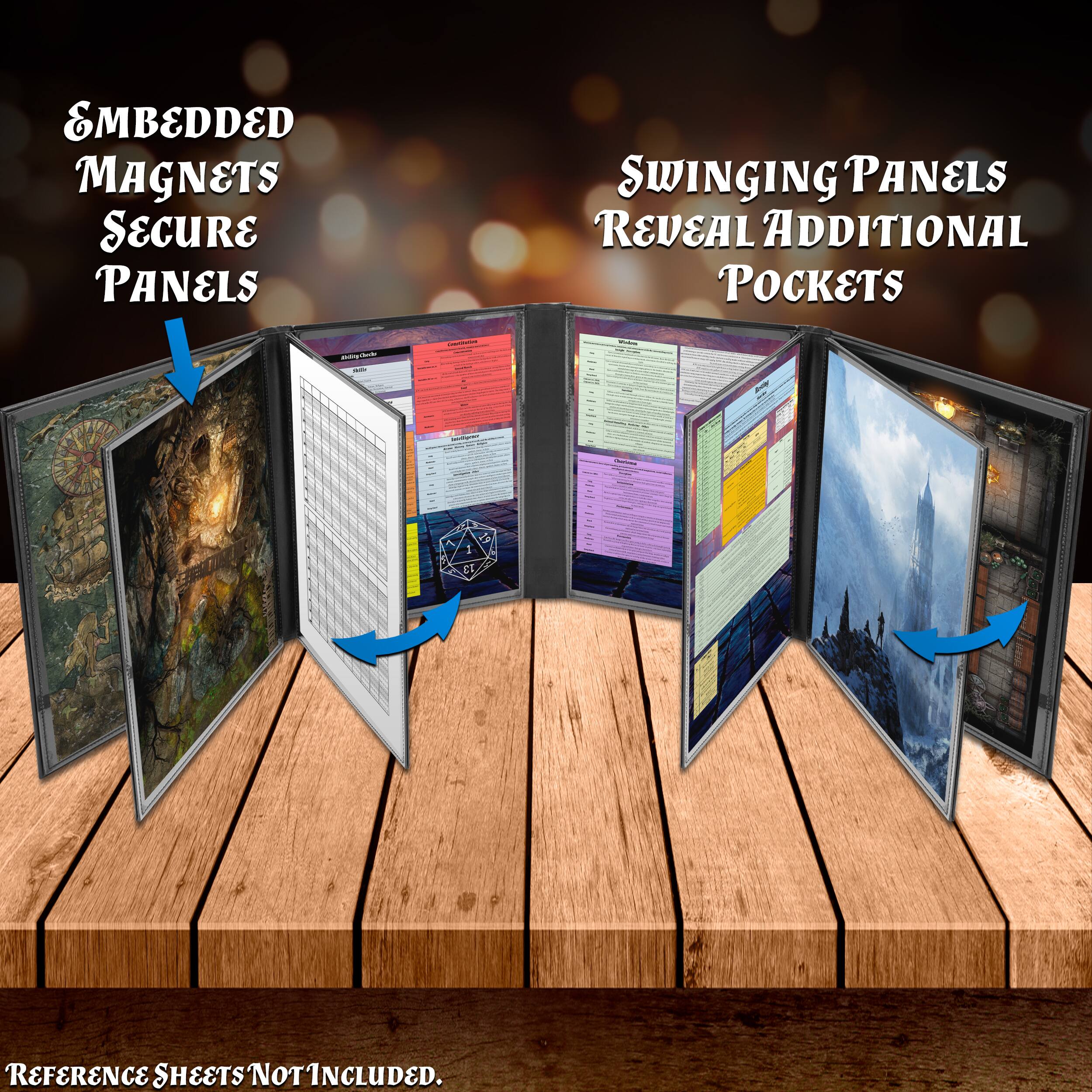 Embedded Magnets Secure Panels  
Swinging Panels Reveal Additional Pockets  
Reference Sheets Not Included