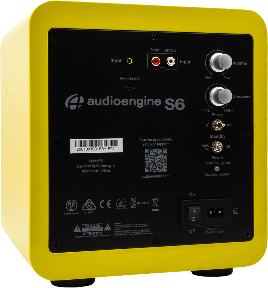 Right Left/LFE Input  
Input Volume  
5V = 500mA  

audioengine S6  
Crossover 40Hz 130Hz  
Phase 0° 180°  

Scan for product info, setup or support  
Standby Auto Off  

Model S6  
Designed by Audioengine  
Assembled in China  
audioengine.com  

Power on green  
Standby amber  

PS R-R-AuL-S6  
CE  
Kopek Japan  
N13461  

CAUTION  
ATTENTION  

100-240V~ 50/60Hz 250W