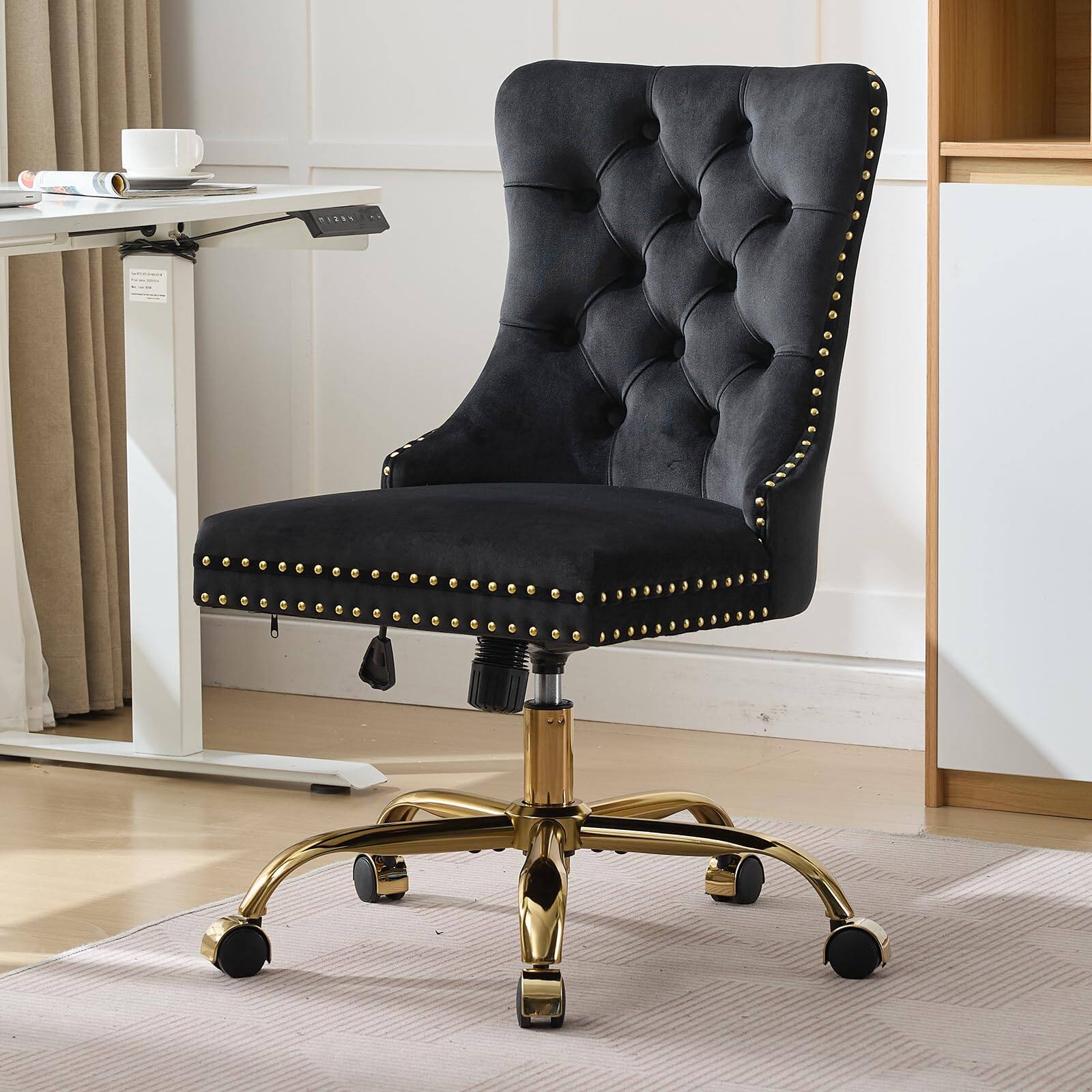 Alt View 1. Ecooso - Modern Velvet Upholstered Tufted Button Home Office Chair with Golden Metal Base,Adjustable Swivel Chair (Black) - Black.