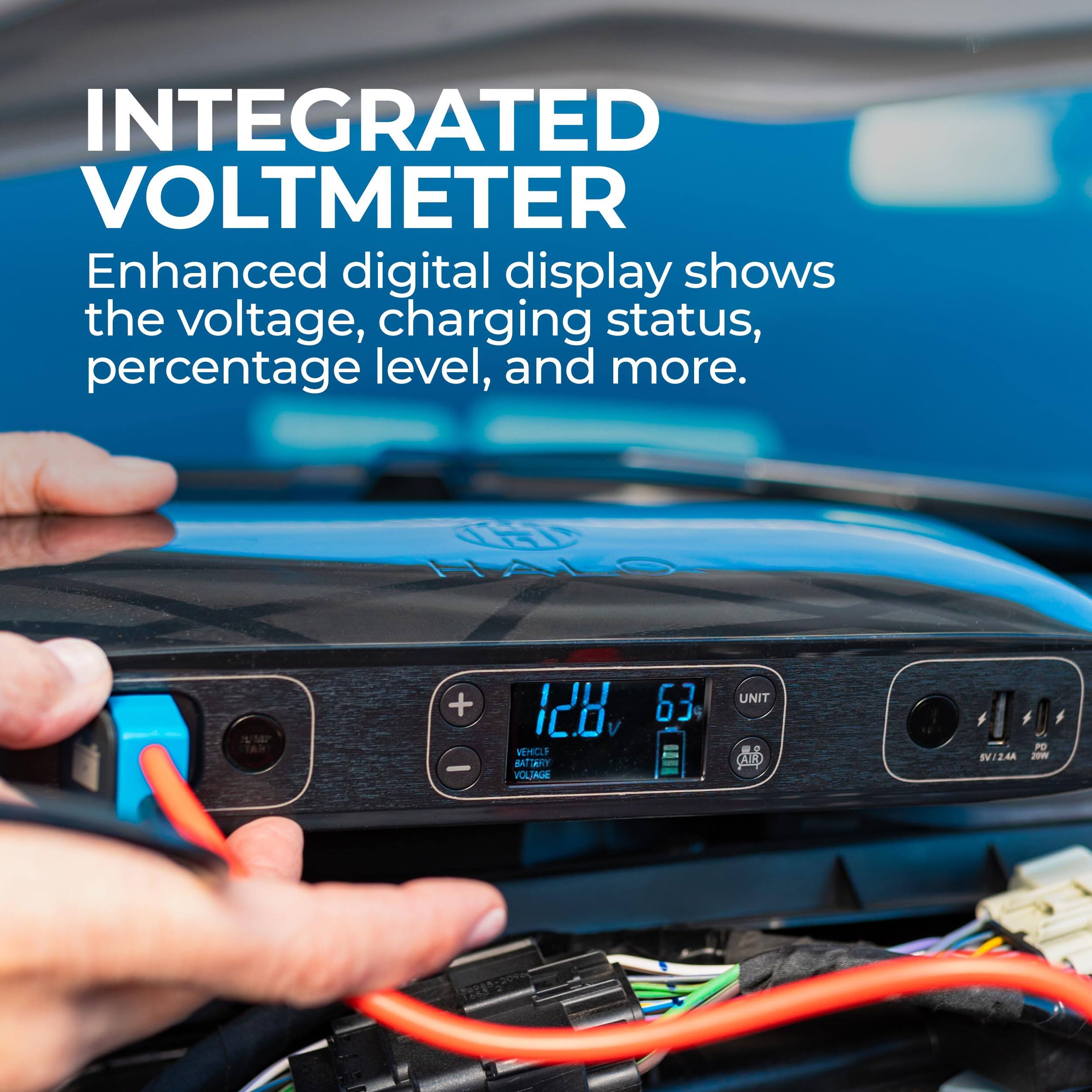 INTEGRATED VOLTMETER  
Enhanced digital display shows the voltage, charging status, percentage level, and more.  

1 H + - 128 V VEHICLE BATTERY VOLTAGE 63 UNIT AL P WV/24A