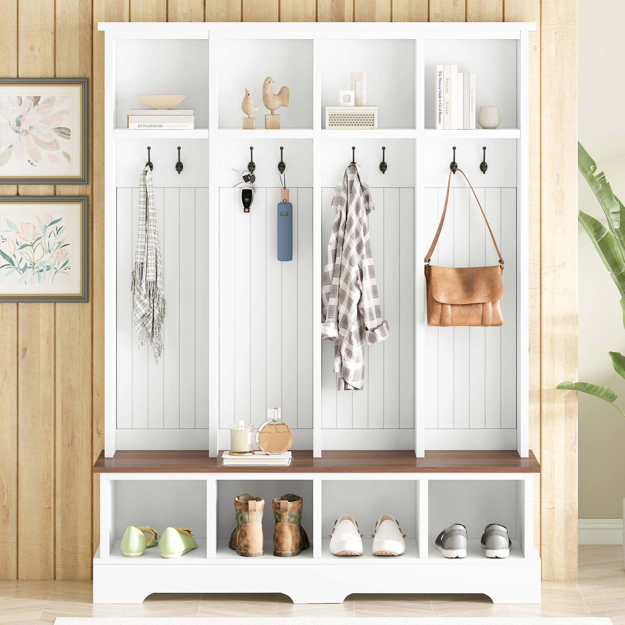 Angle. APRILSOUL - 59In Wide Hall Tree with 8 Hooks Practical Entryway Bench with Open Compartments 76.7In H 3in1 Coat and Shoe Rack White - White.