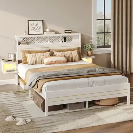 Front. Bestier - Bestier Queen Gaming Bed Frame Golden Stripe Headboard LED Nightstands with Charging Station - White.