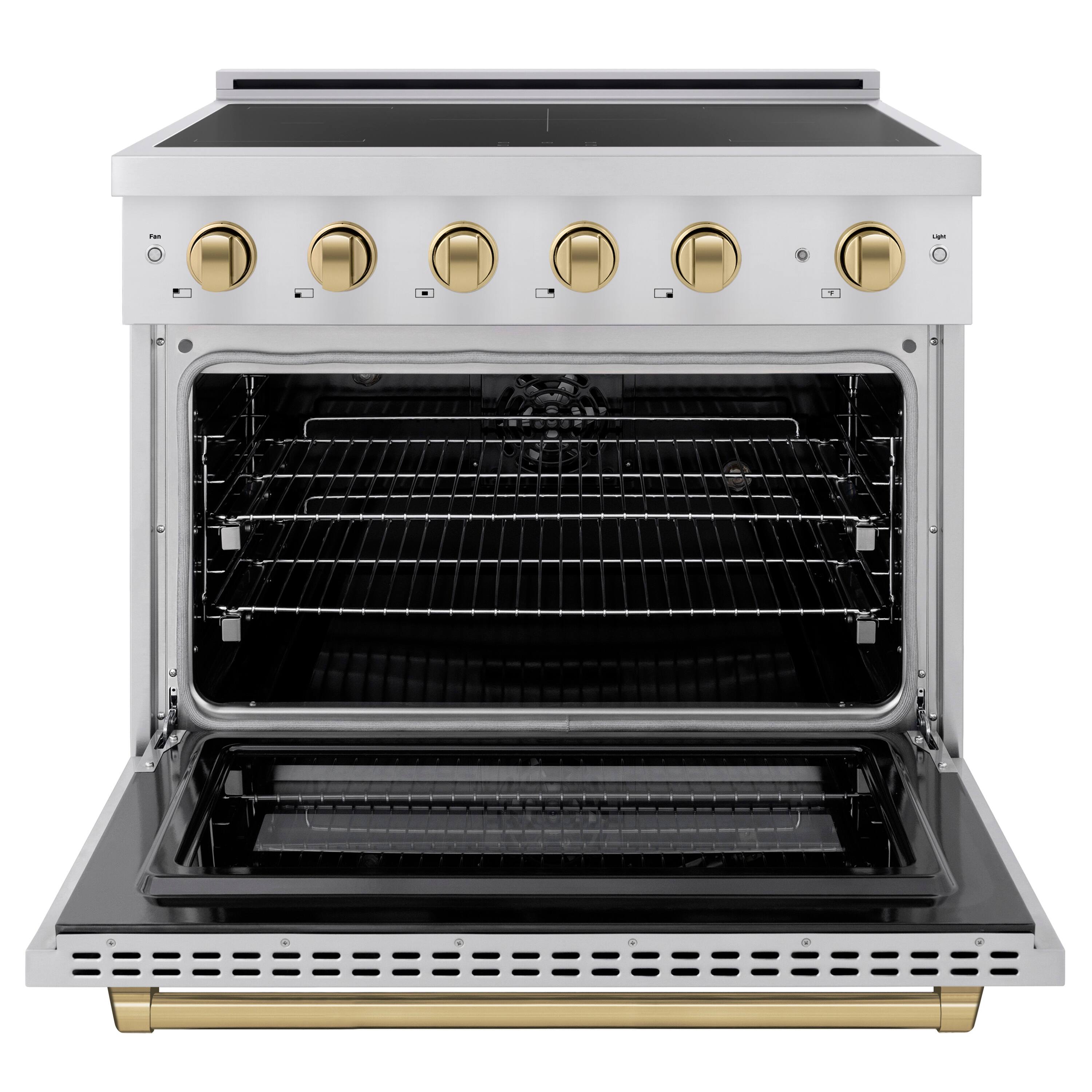 Angle. ZLINE - Autograph 36 in. 5.2 cu. ft. Paramount Freestanding Induction Range with 5 Burners and Electric Oven w/ Bronze Accents - Stainless Steel.