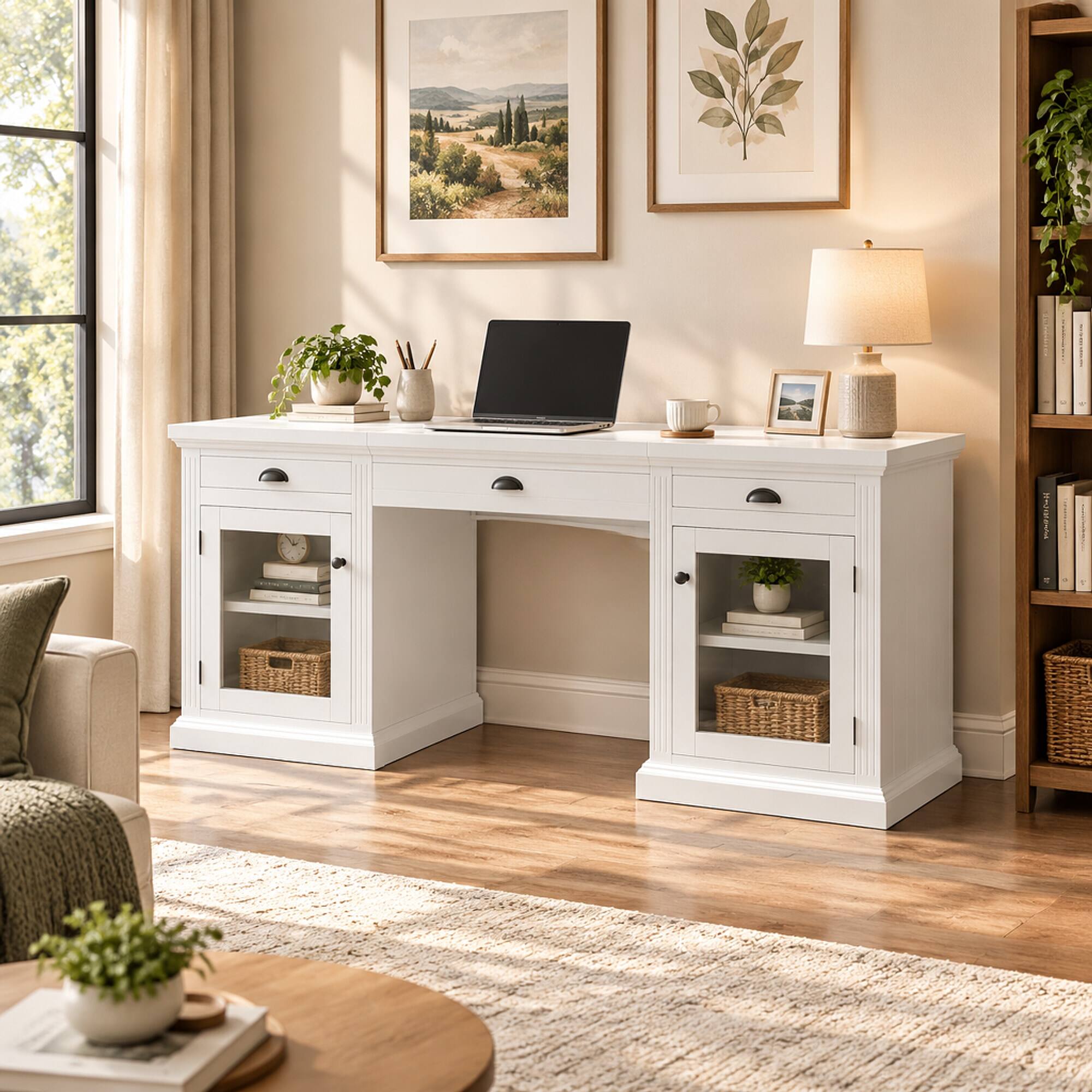 Back. RYHNUYNE - Modern Executive Desk, 67 Inch White Computer Workstation with 2 Glass Door Cabinets, 3 Drawers, MDF and Solid Wood - White.