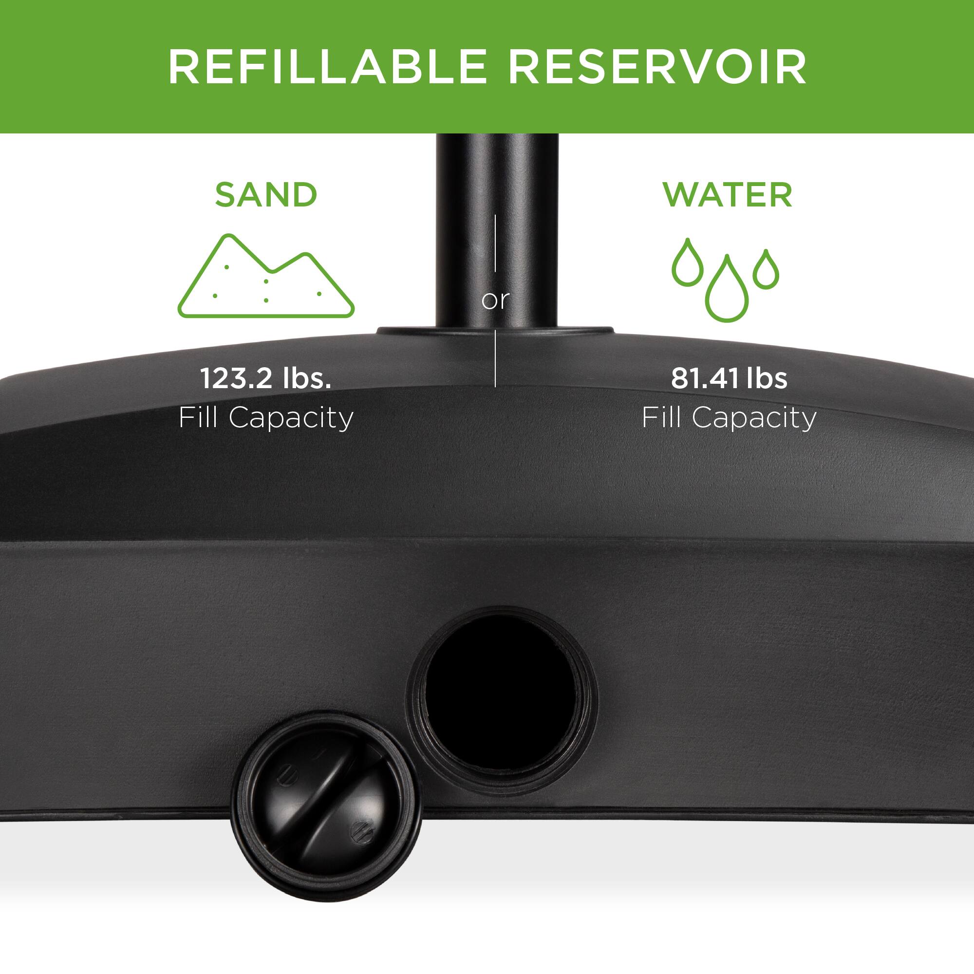 REFILLABLE RESERVOIR

SAND  
123.2 lbs.  
Fill Capacity

WATER  
81.41 lbs  
Fill Capacity