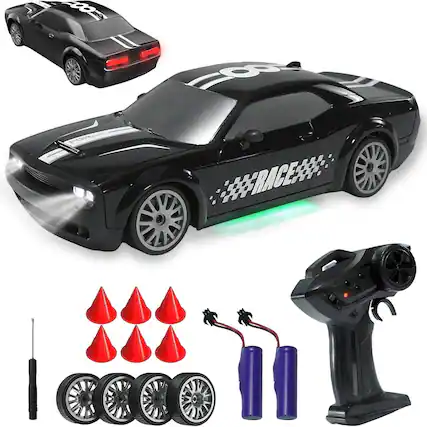 Front. Loheer - Loheer 1:20 RC Drift Car Fast Remote Control Toy with LED Lights Dual Tires Two Batteries Black.