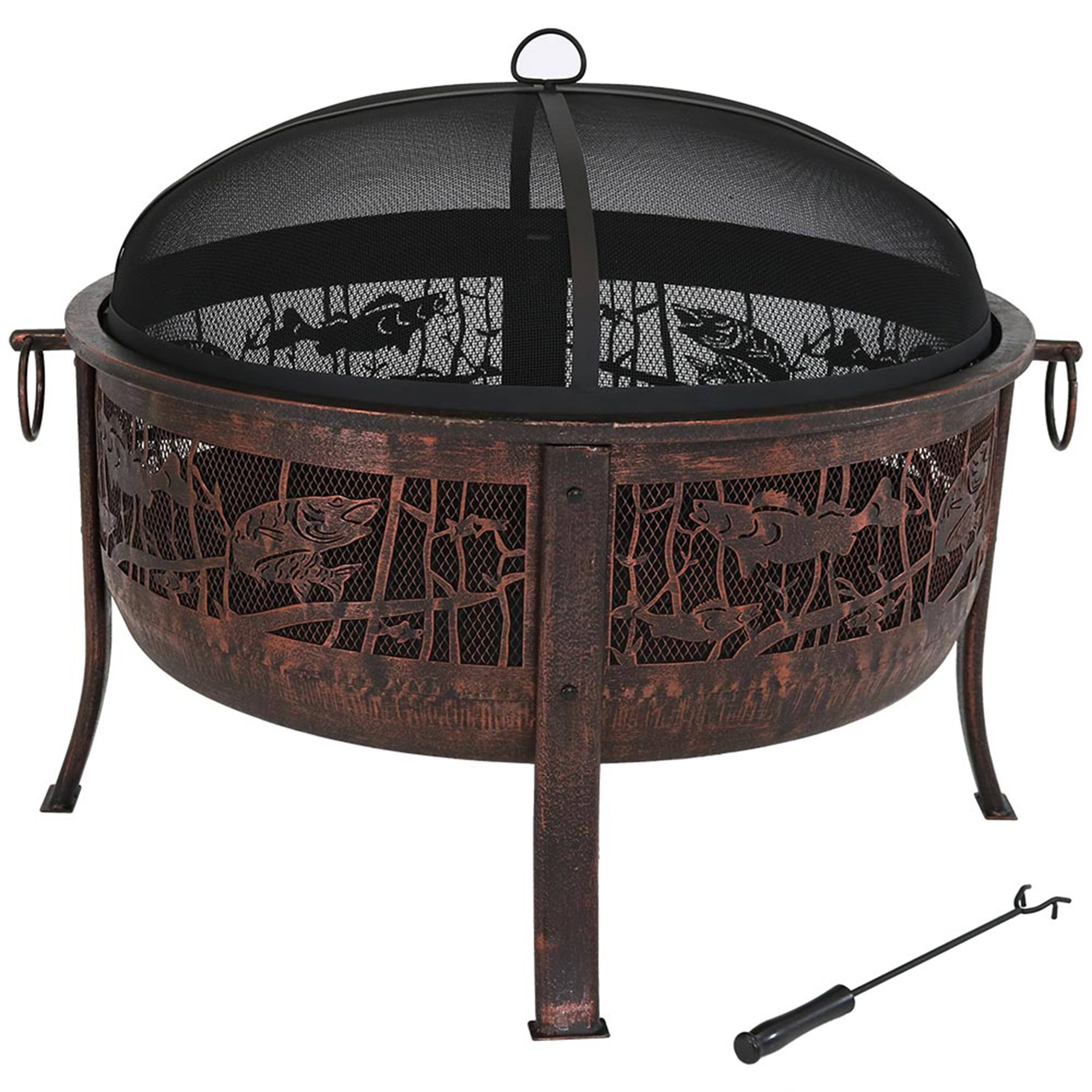 Sunnydaze - 30 in Northwoods Fishing Steel Fire Pit with Spark Screen - Bronze