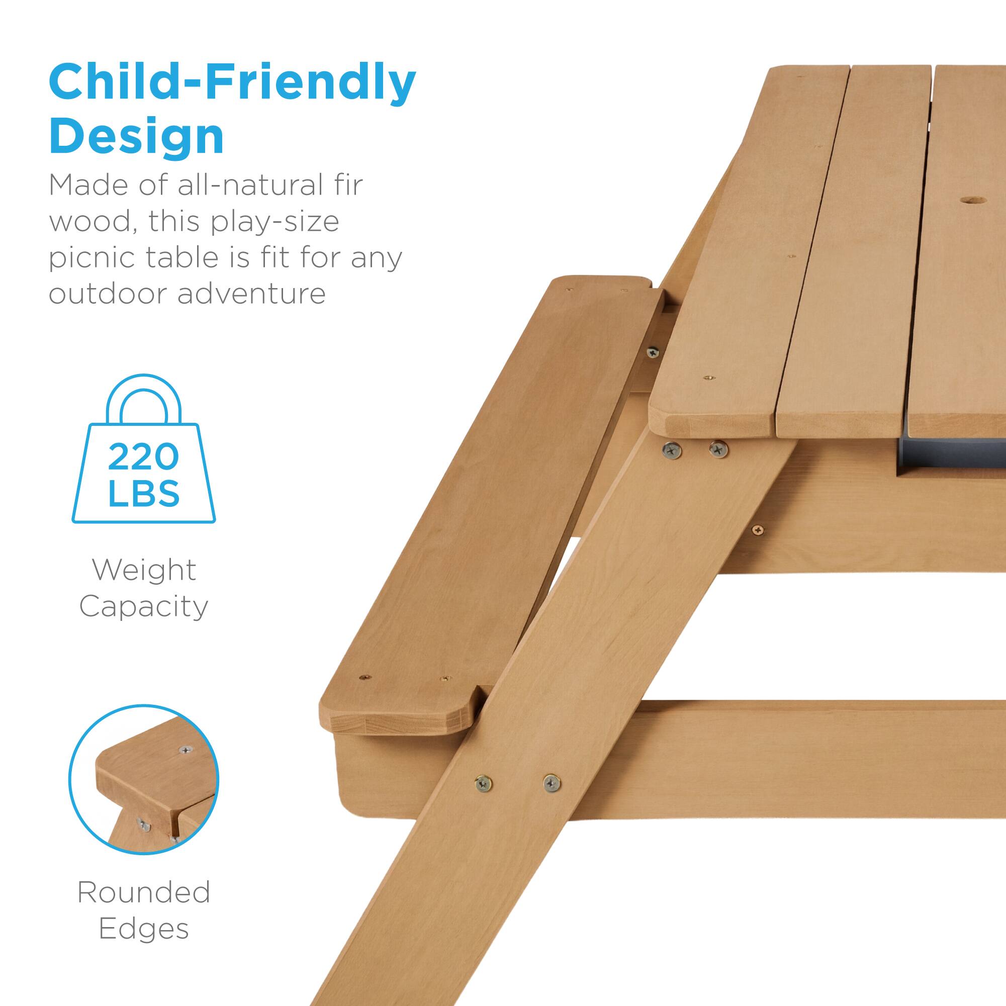 Child-Friendly Design  
Made of all-natural fir wood, this play-size picnic table is fit for any outdoor adventure  

220 LBS Weight Capacity  

Rounded Edges